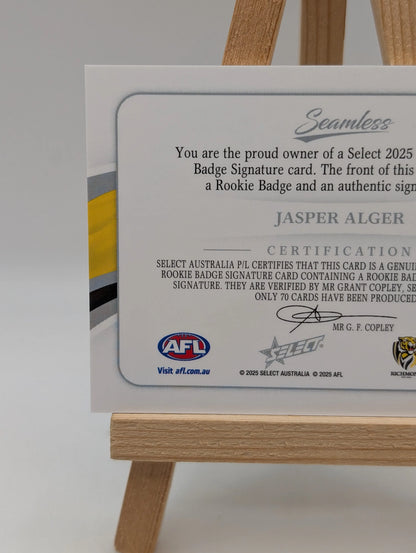2025 Select Seamless Rookie Patch Signature JASPER ALGER /70 Richmond Tigers FRENLY BRICKS - Open 7 Days