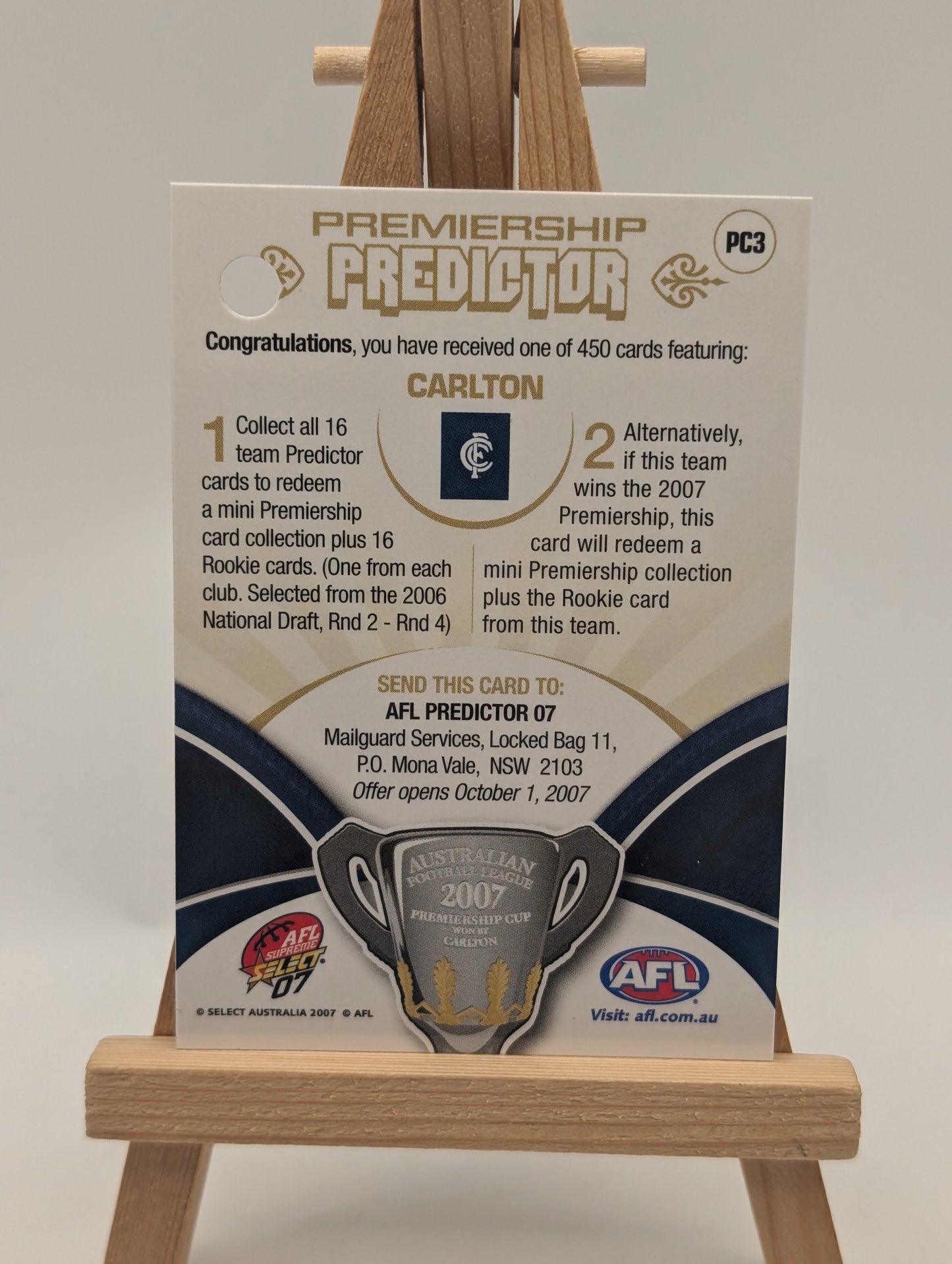 2007 Select AFL Supreme Predictor Carlton +Draft Rookie PDR3 Shaun Grigg FRENLY BRICKS - Open 7 Days