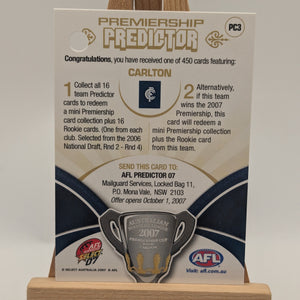 2007 Select AFL Supreme Predictor Carlton +Draft Rookie PDR3 Shaun Grigg FRENLY BRICKS - Open 7 Days
