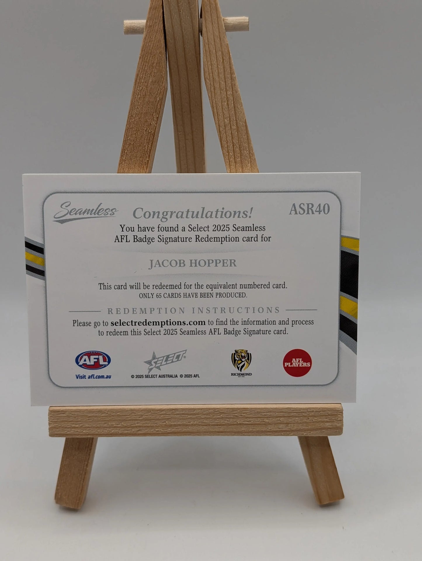 2026 AFL Select Seamless Jacob Hopper AFL Badge Signature Redemption /65 FRENLY BRICKS - Open 7 Days