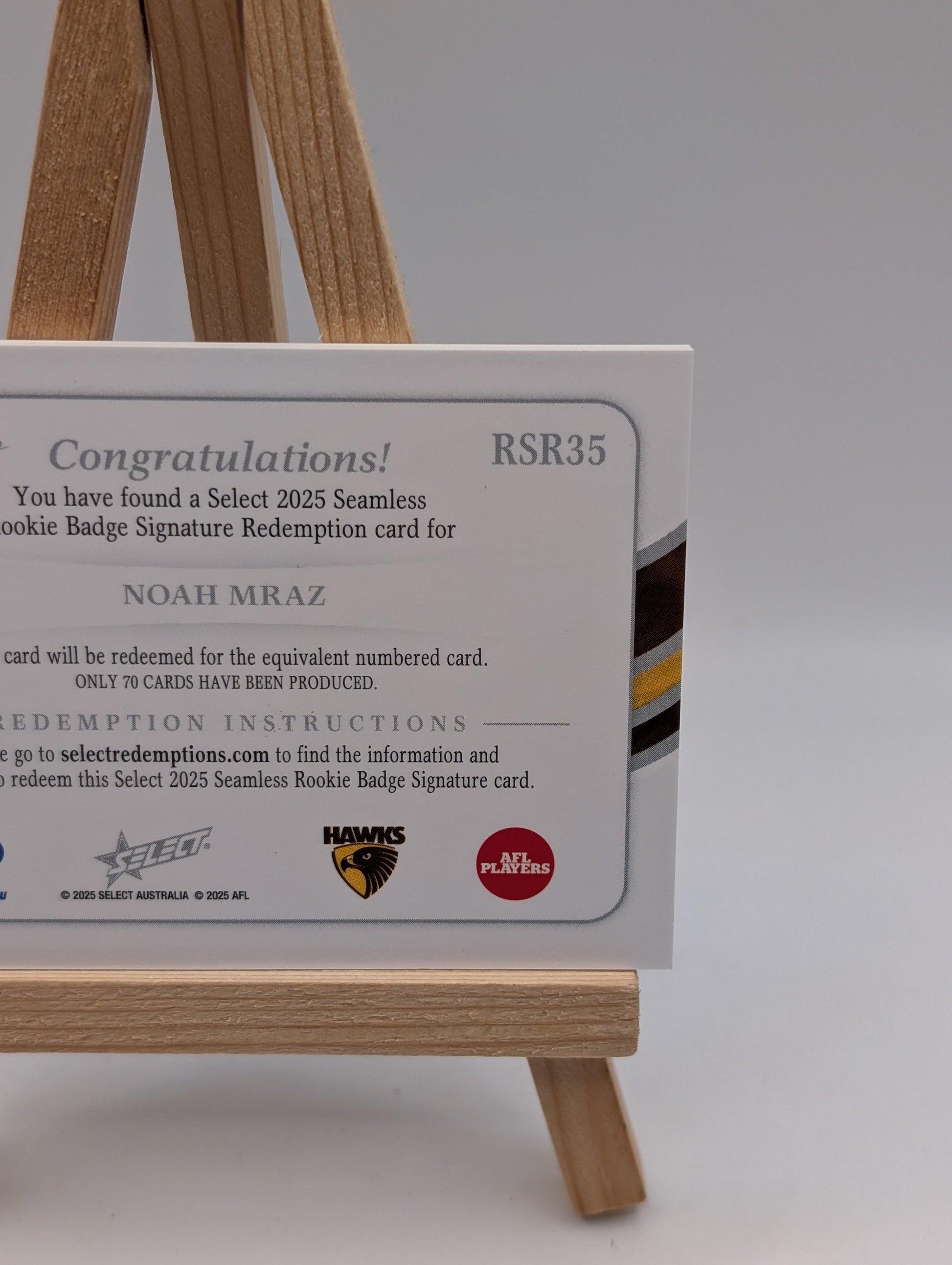 Noah Mraz Rookie Badge Signature Redemption Seamless AFL Select  /70 FRENLY BRICKS - Open 7 Days