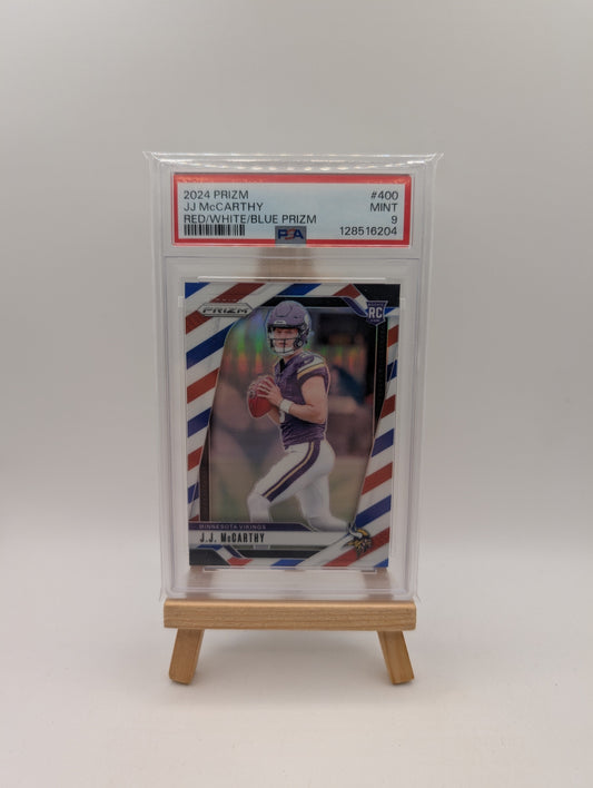 2024 PANINI PRIZM RED/WHITE/BLUE PRIZM #400 JJ MCCARTHY ROOKIE RC PSA 9 FRENLY BRICKS - Open 7 Days
