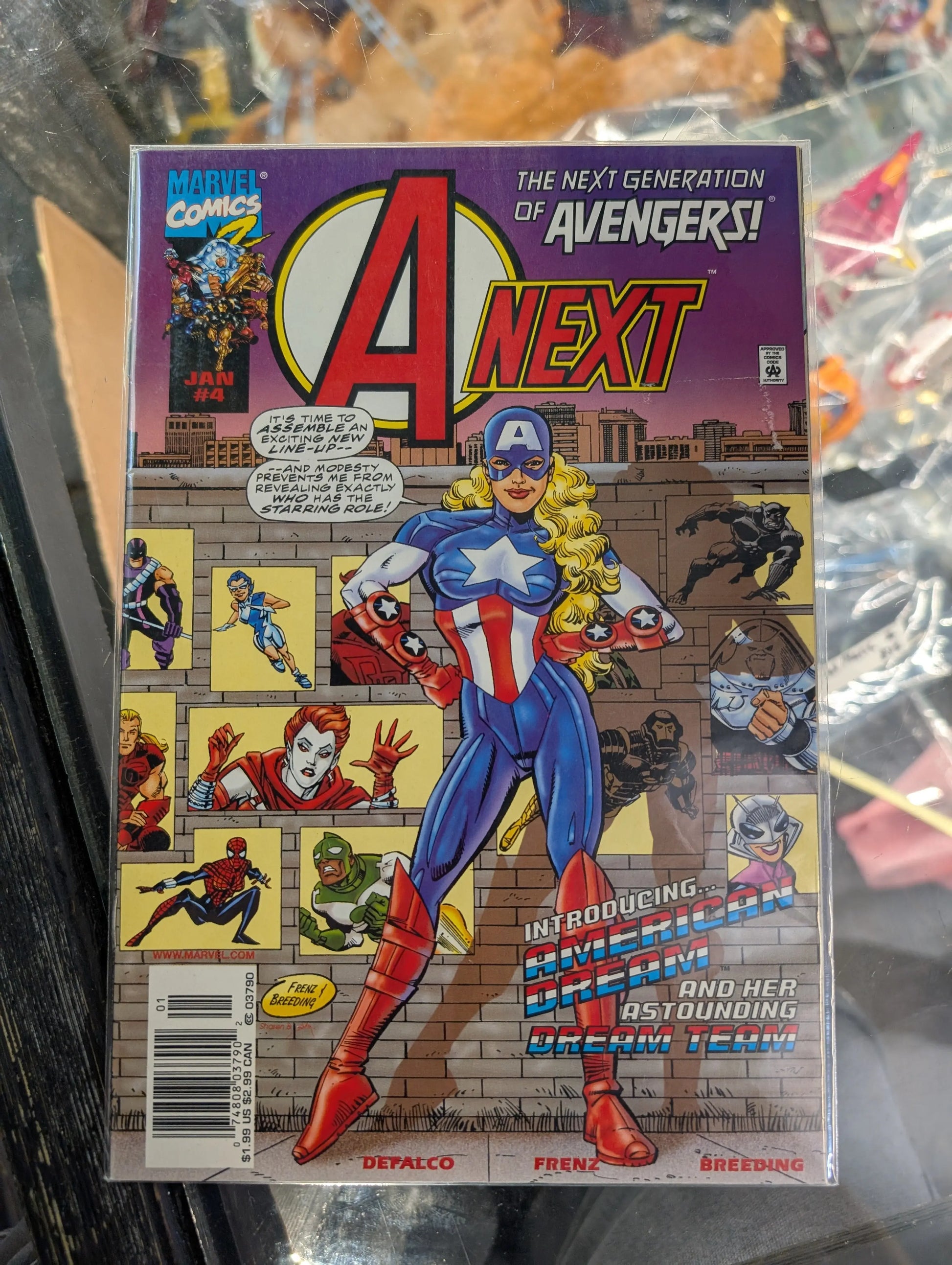 A-NEXT #4 AVENGERS #16 HOMAGE 1ST APP OF AMERICAN DREAM RON FRENZ COVER ART 1999 FRENLY BRICKS - Open 7 Days