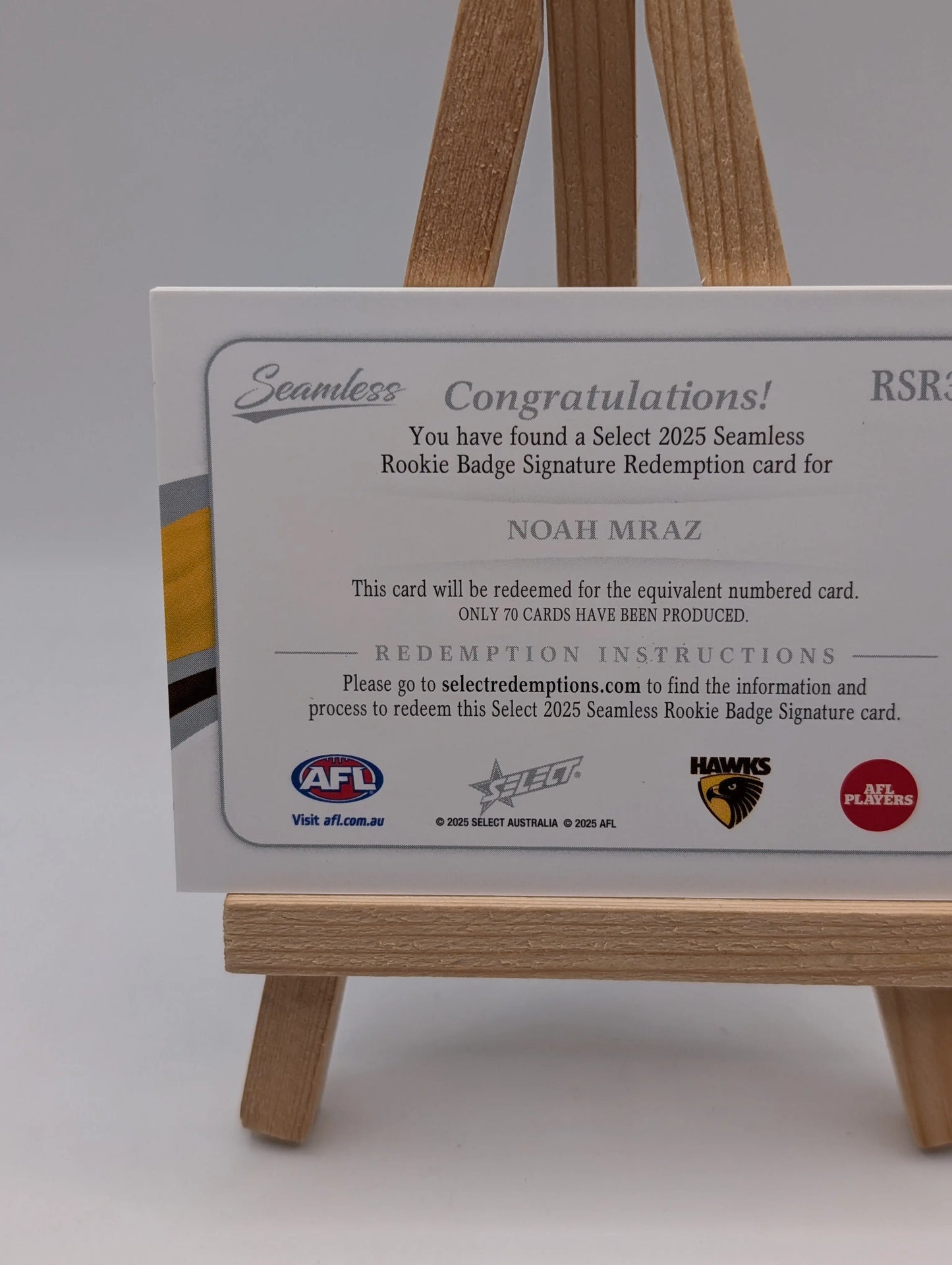 Noah Mraz Rookie Badge Signature Redemption Seamless AFL Select  /70 FRENLY BRICKS - Open 7 Days