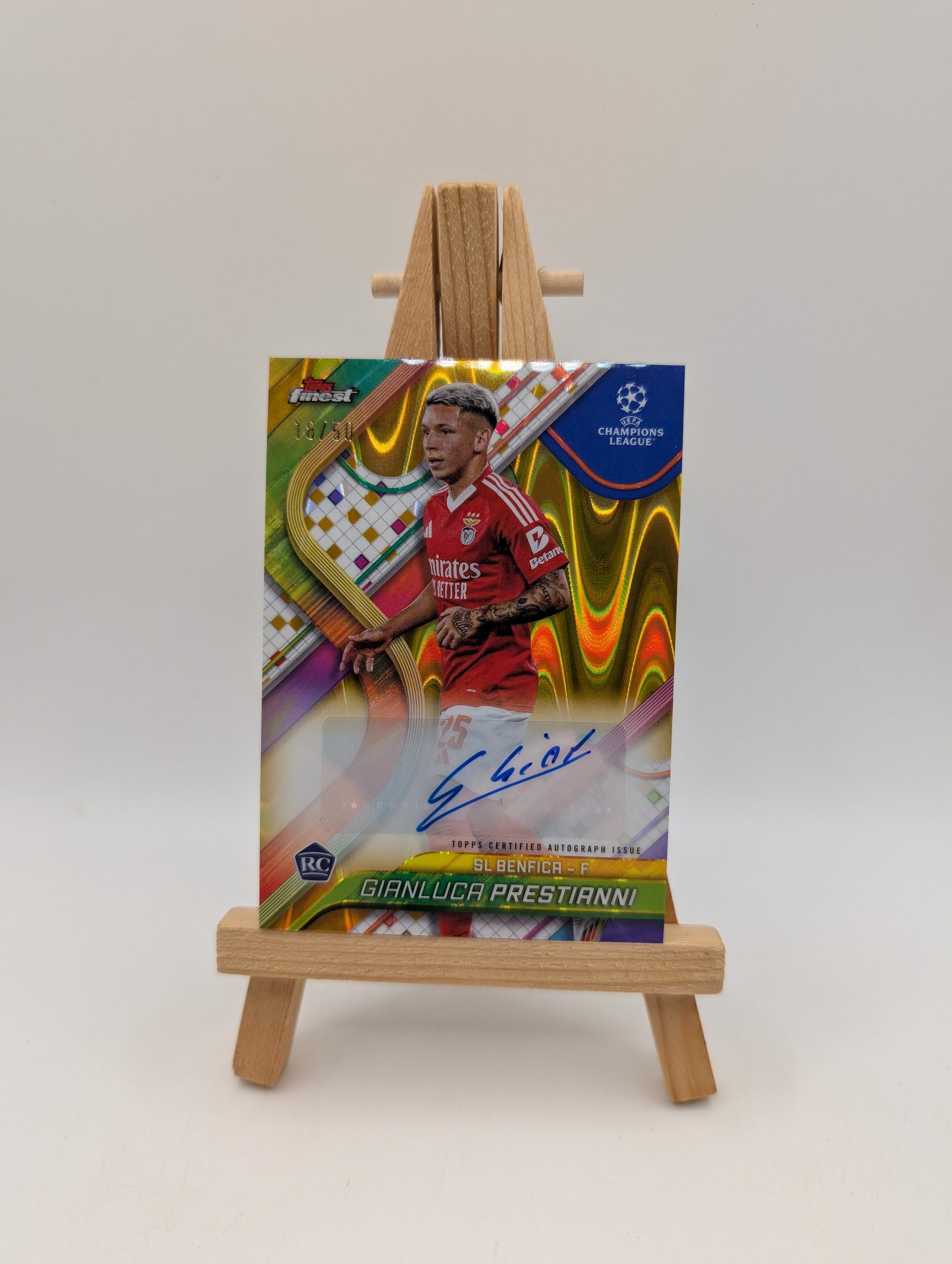 /50 Gianluca Prestianni 2024/25 Topps Finest UEFA Soccer RC Gold Ref. Auto