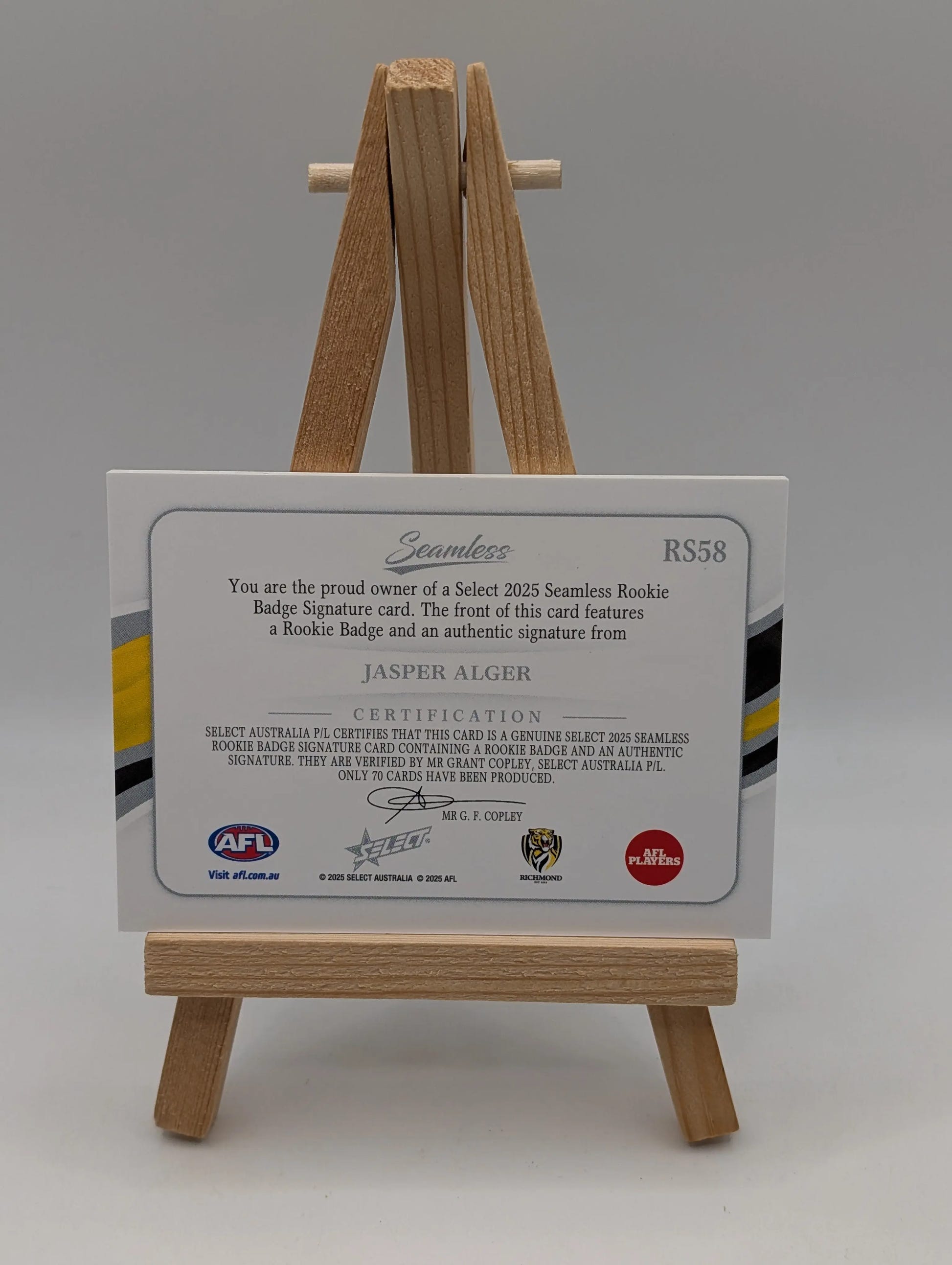 2025 Select Seamless Rookie Patch Signature JASPER ALGER /70 Richmond Tigers FRENLY BRICKS - Open 7 Days image 3