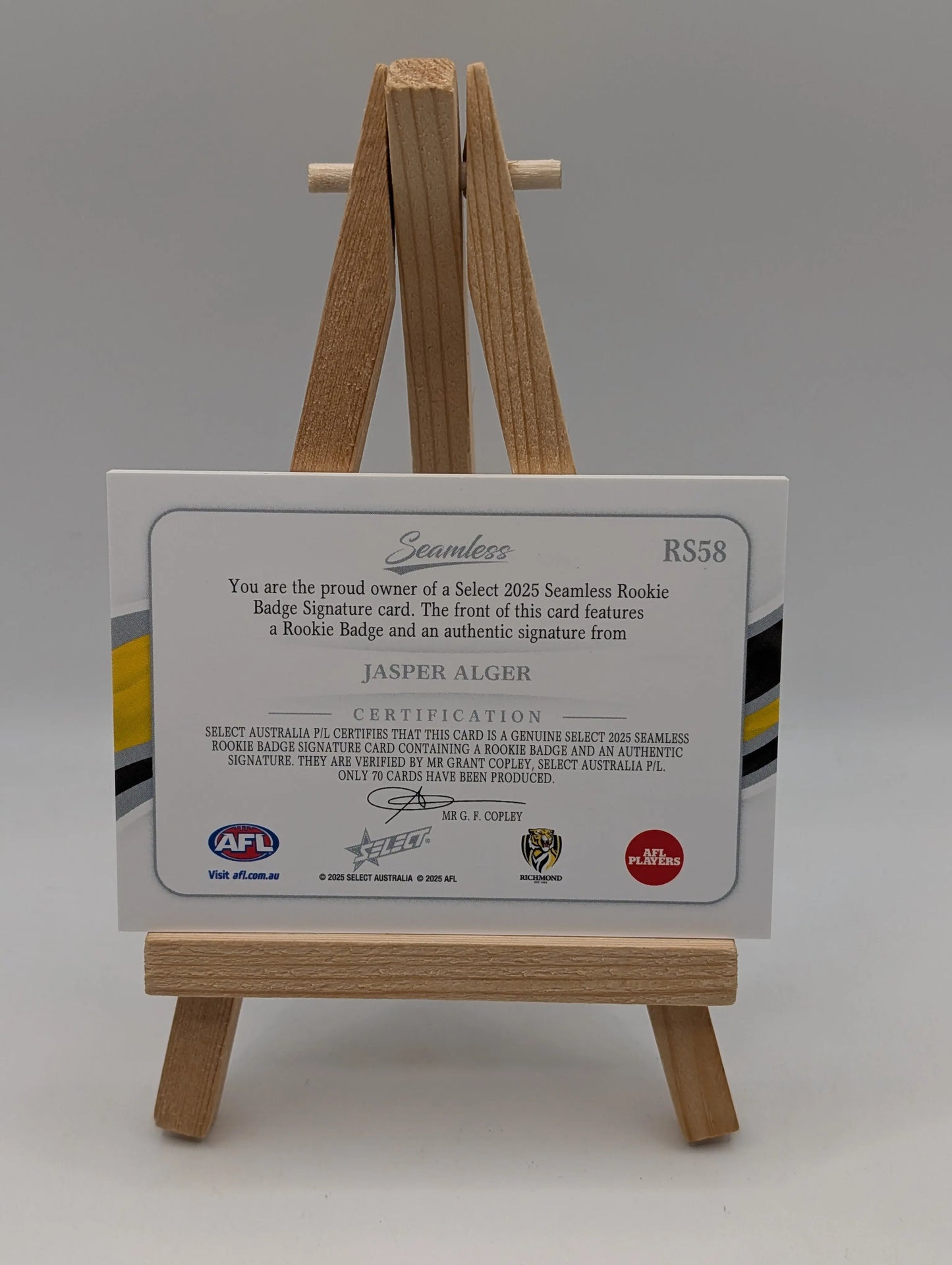 2025 Select Seamless Rookie Patch Signature JASPER ALGER /70 Richmond Tigers FRENLY BRICKS - Open 7 Days