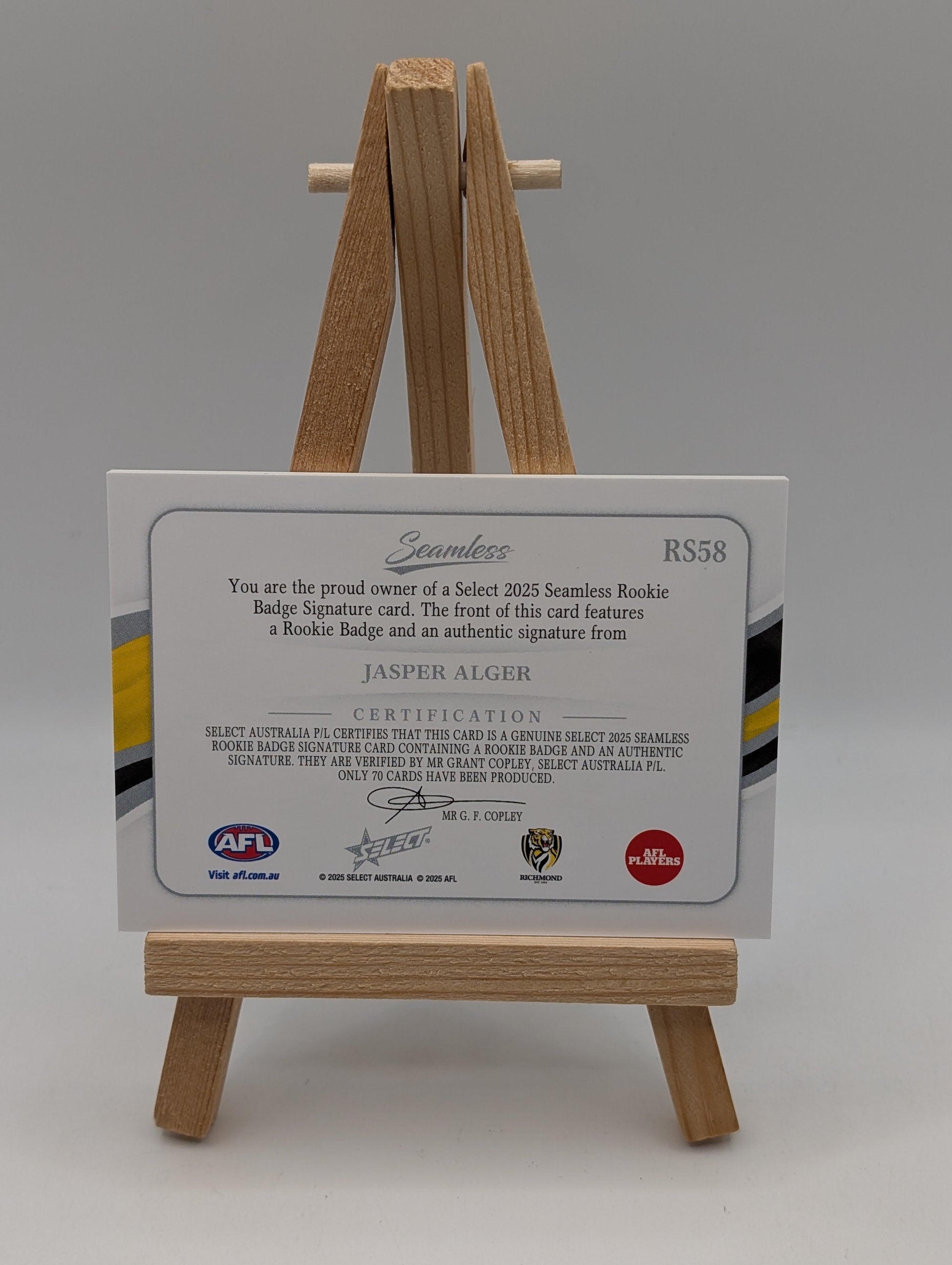 2025 Select Seamless Rookie Patch Signature JASPER ALGER /70 Richmond Tigers FRENLY BRICKS - Open 7 Days