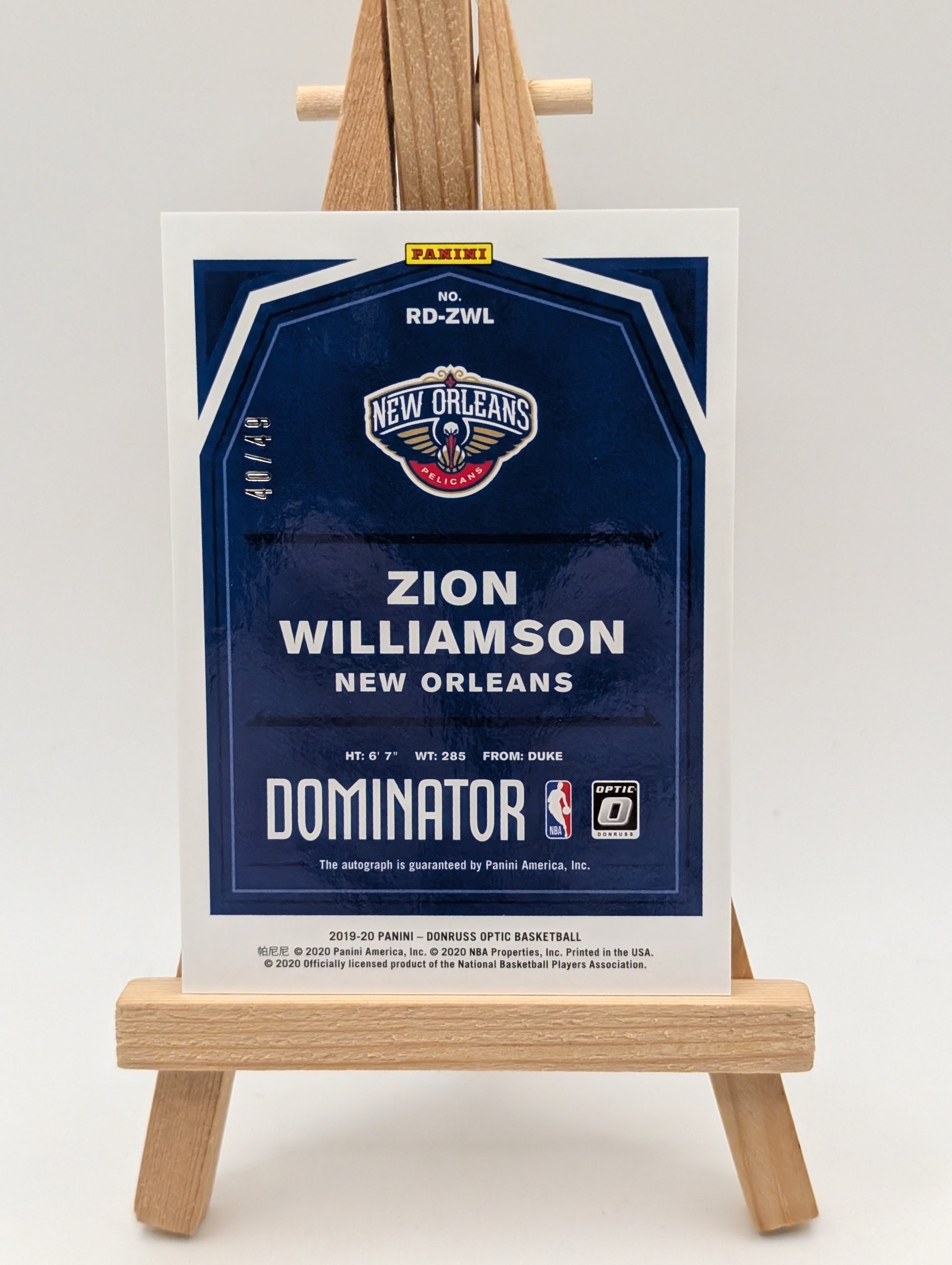 2019-20 Donruss Optic Rookie Auto Zion Williamson Dominators /49