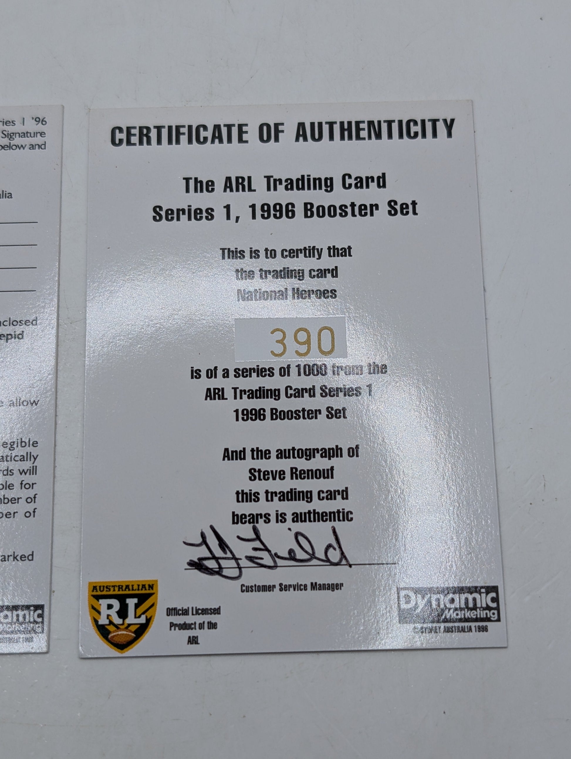 1996 Dynamic Rugby League National Heroes NH5 Steve Renouf Redemption/Auto/Cert FRENLY BRICKS - Open 7 Days