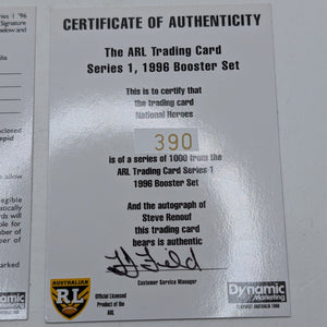 1996 Dynamic Rugby League National Heroes NH5 Steve Renouf Redemption/Auto/Cert FRENLY BRICKS - Open 7 Days