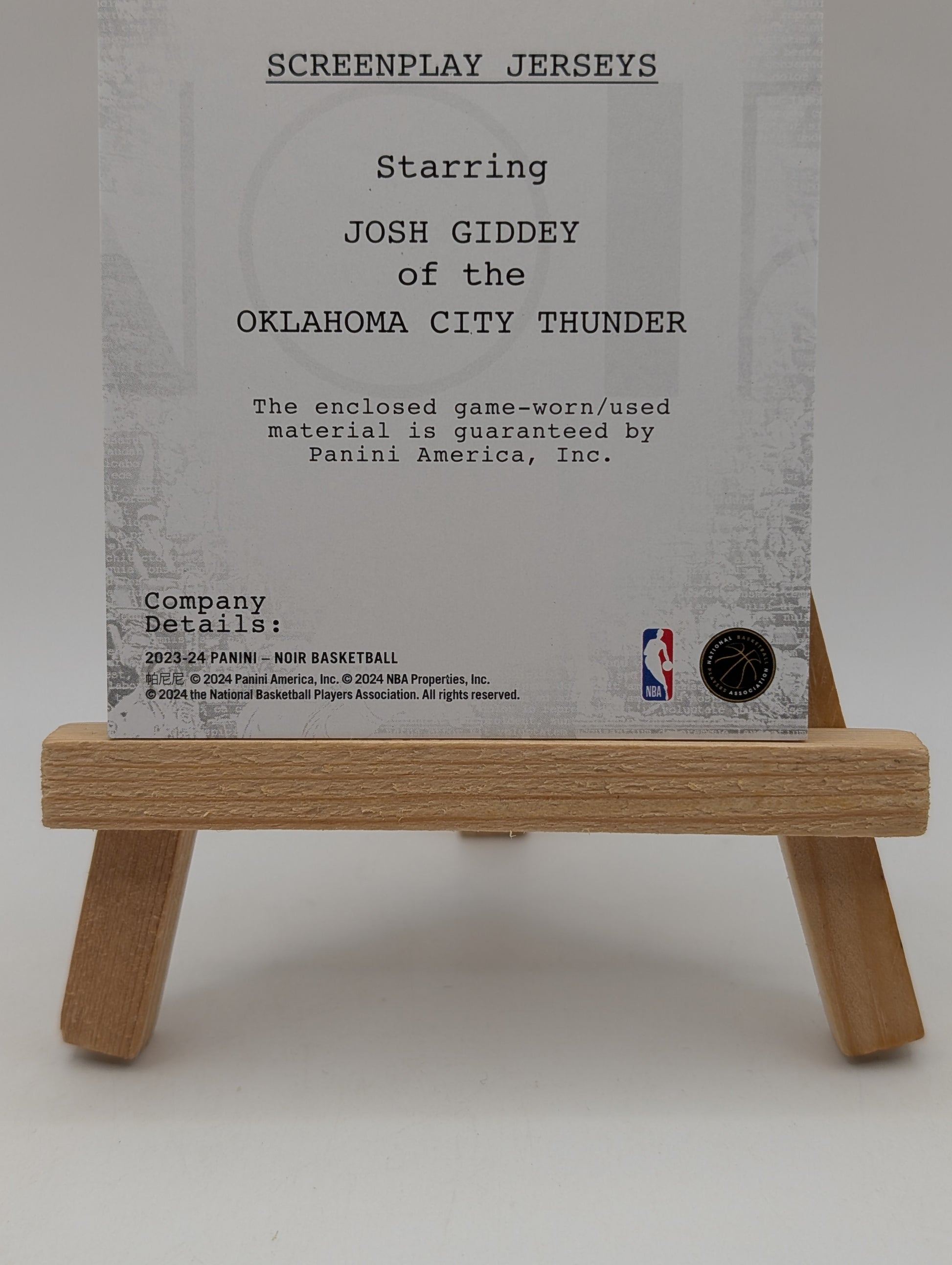 2023 Noir Screen Play Jerseys Josh Giddey Game Worn Patch /99