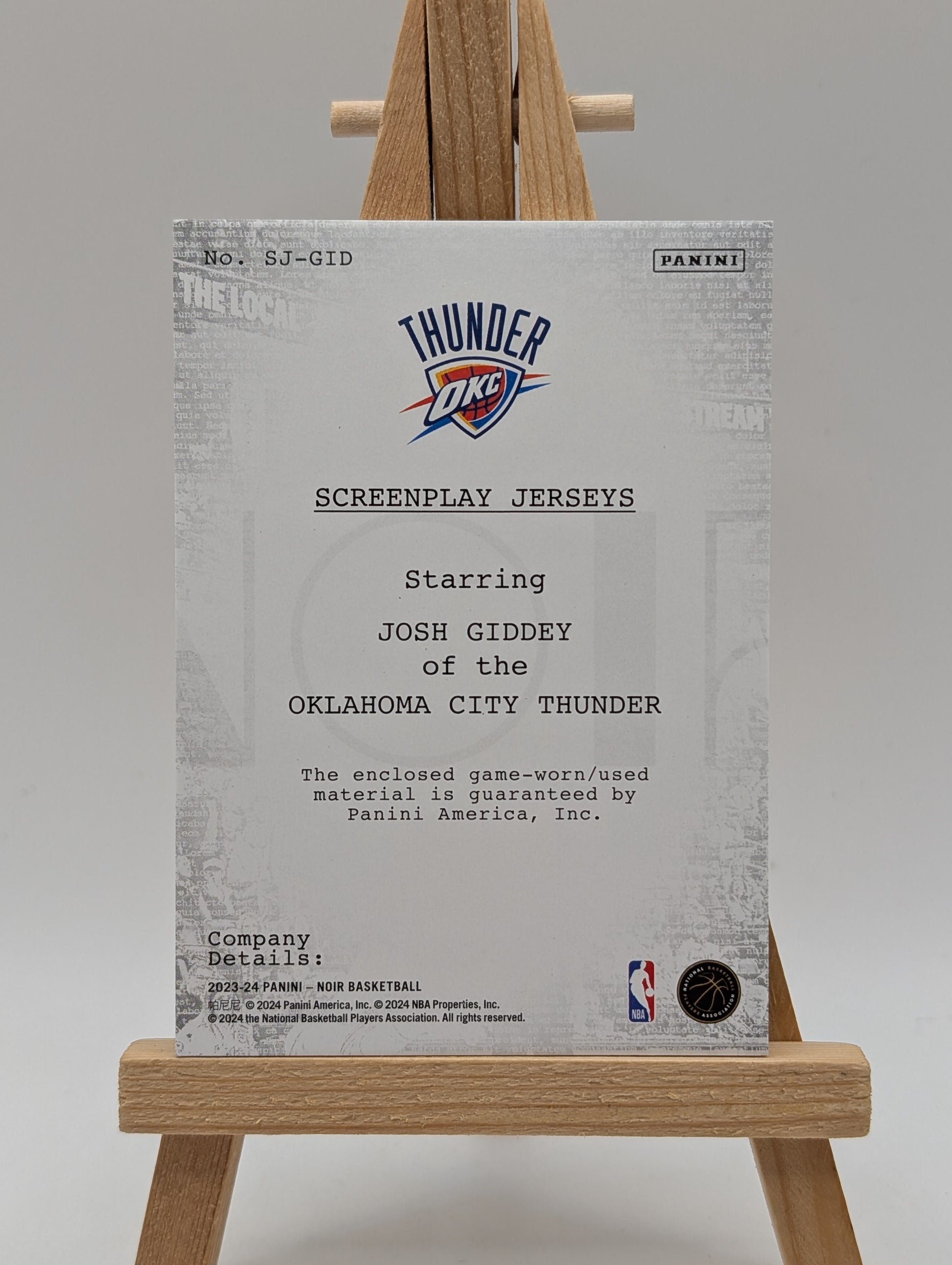 2023 Noir Screen Play Jerseys Josh Giddey Game Worn Patch /99