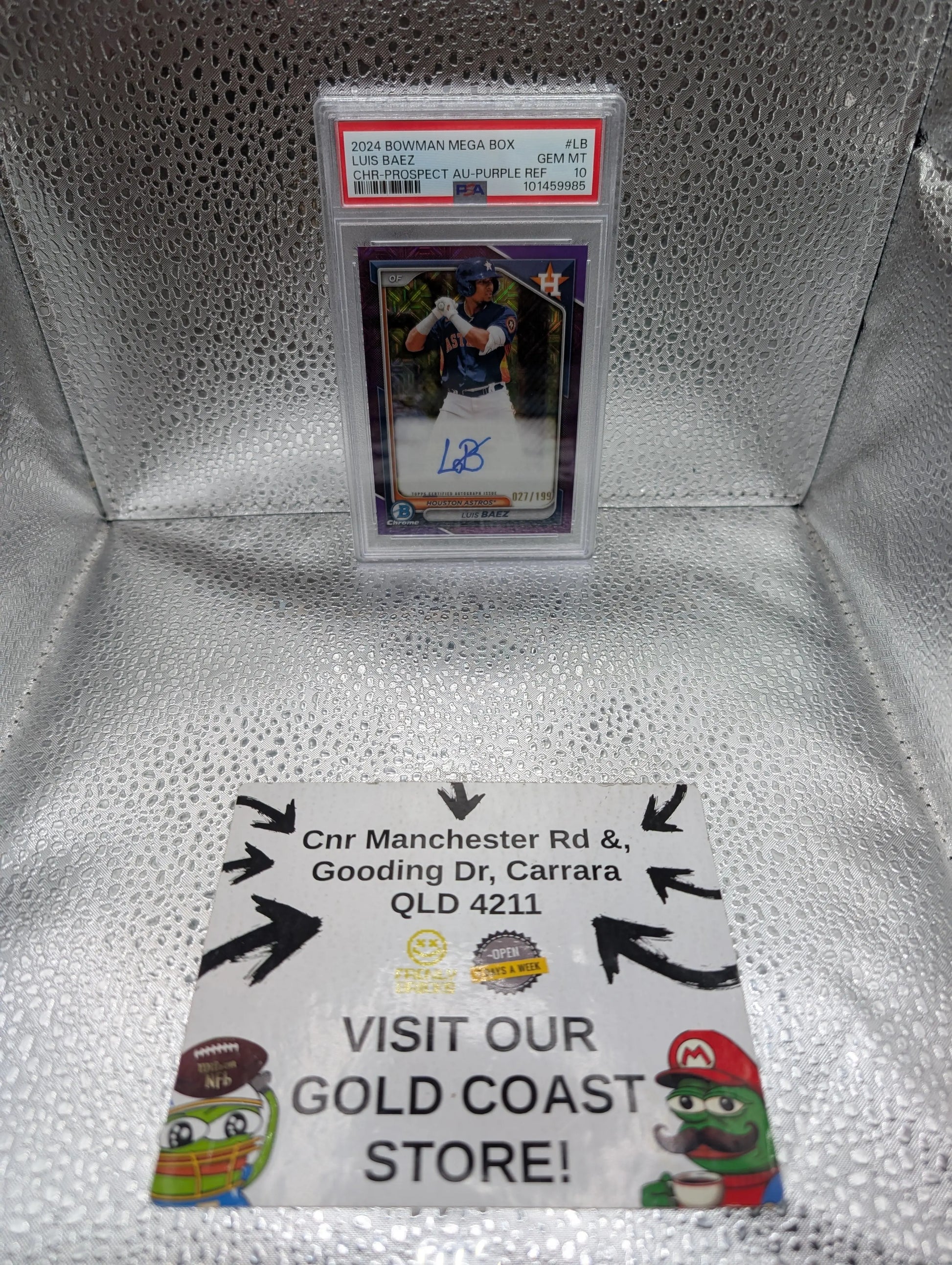 Luis Baez 2024 Bowman Chrome Mega Prospect Purple Mojo Auto /199 #BMA-LB PSA 10 FRENLY BRICKS - Open 7 Days