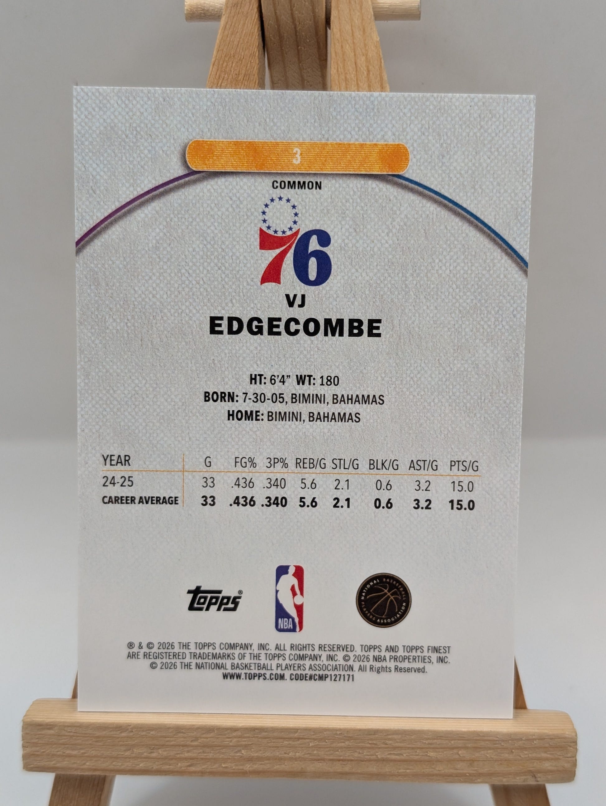 2025-26 Topps Finest - Common VJ Edgecombe #3 Blue Refractor /200 (RC)! FRENLY BRICKS - Open 7 Days image 5