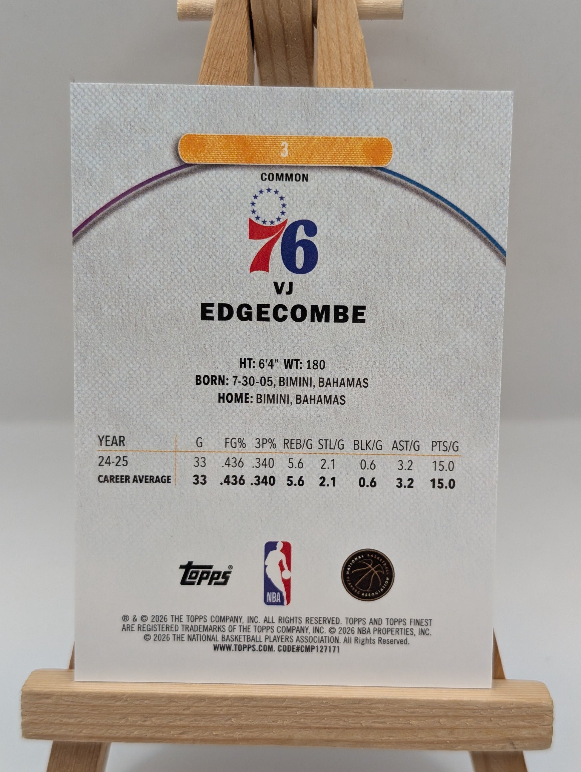 2025-26 Topps Finest - Common VJ Edgecombe #3 Blue Refractor /200 (RC)! FRENLY BRICKS - Open 7 Days