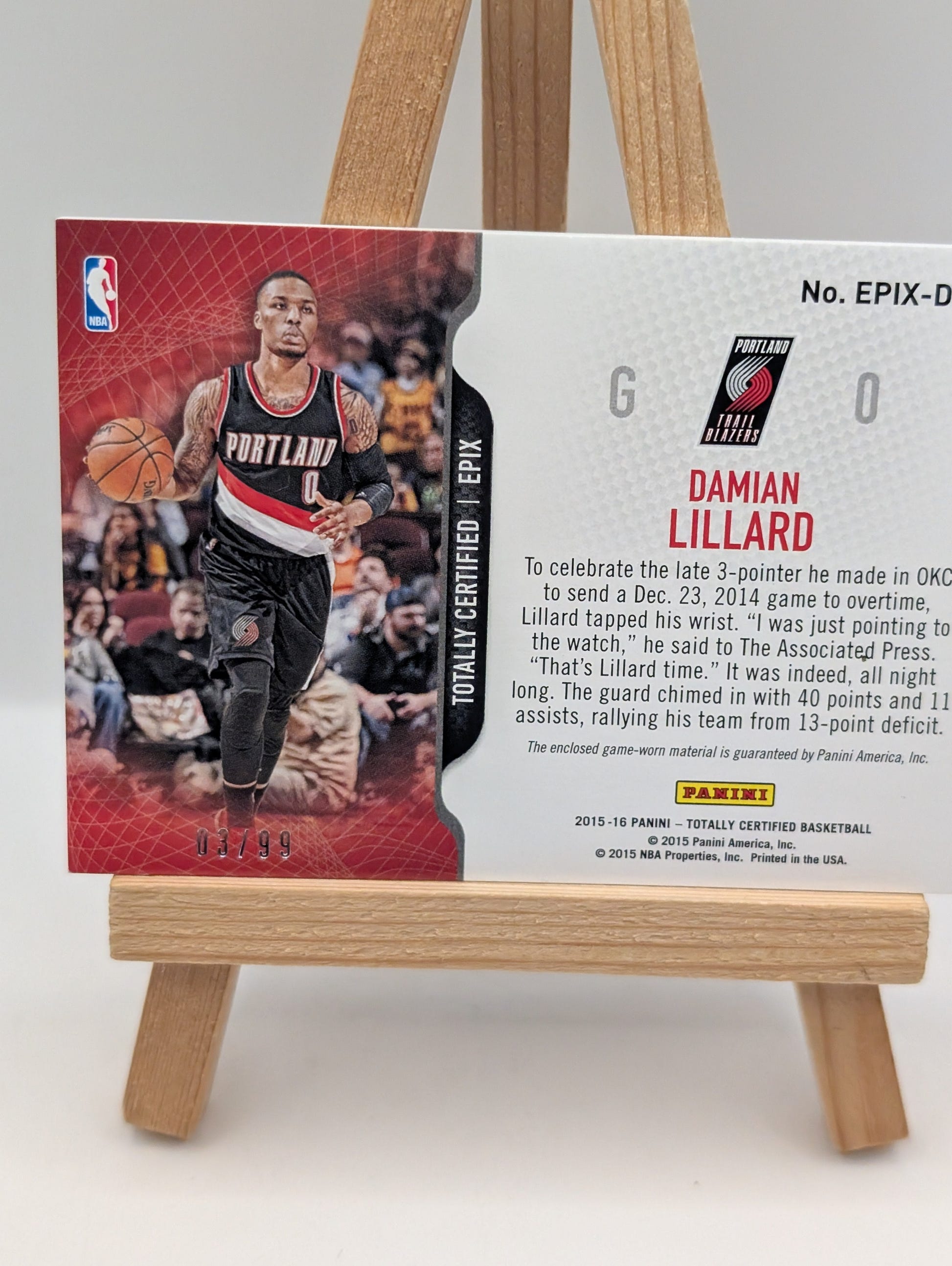 2015 Totally Certified EPIX Game Dual Memorabilia /99 Damian Lillard BLAZERS FRENLY BRICKS - Open 7 Days image 6