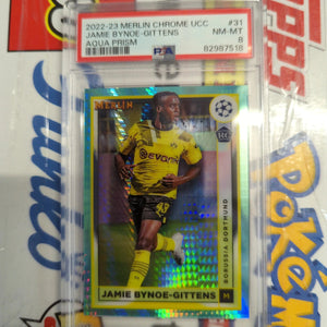 2022-23 Merlin Chrome UCC #31 Jamie Bynoe-Gittens AQUA Prism PSA 8 FRENLY BRICKS - Open 7 Days