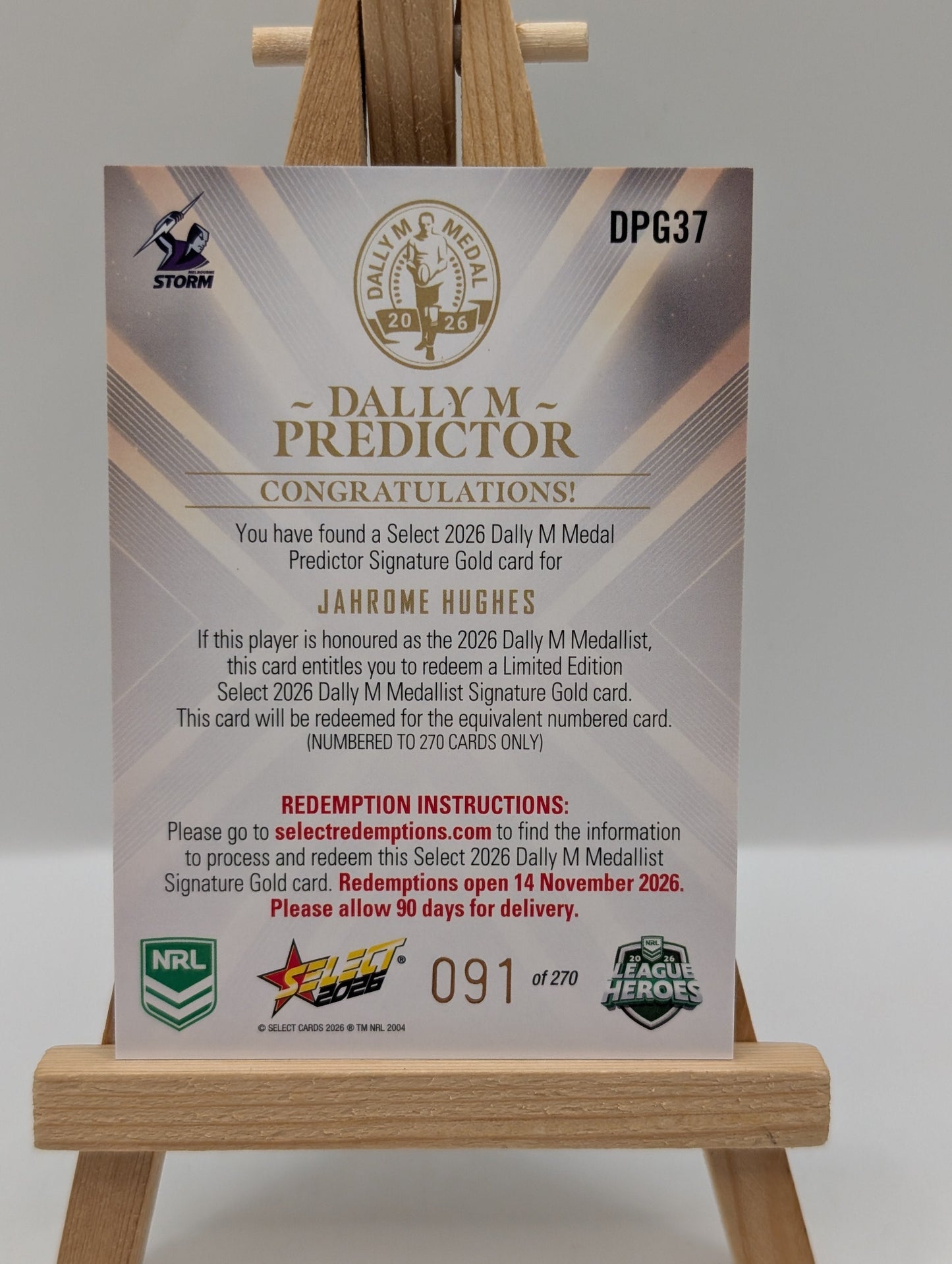 2026 NRL Select League Heroes Dally M Gold Predictor Jahrome Hughes Storm #091 FRENLY BRICKS - Open 7 Days