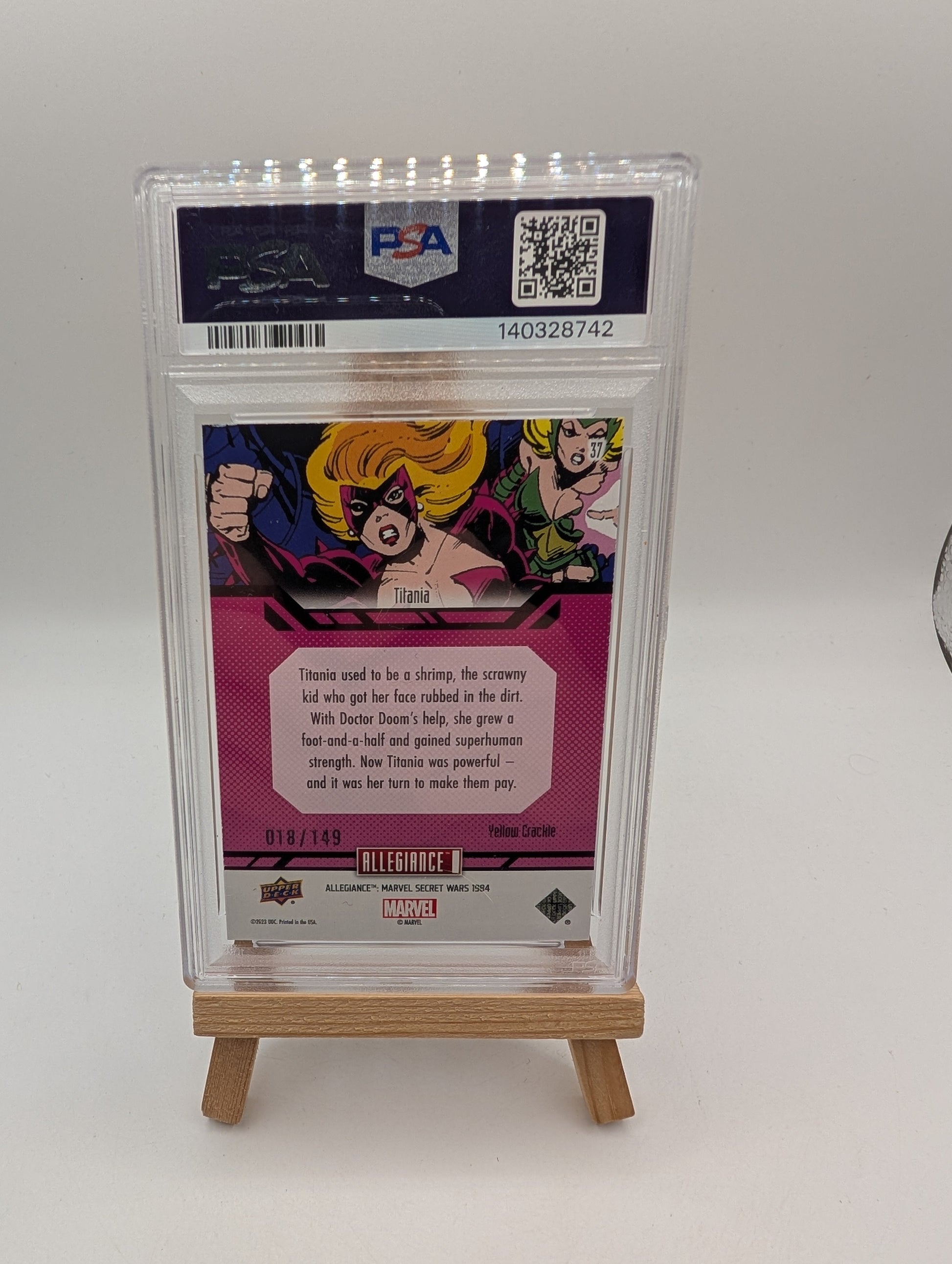 Titania 2023 UD Marvel Secret Wars 1984 Yellow Crackle Alpha /149 Card #37 PSA 100 FRENLY BRICKS - Open 7 Days