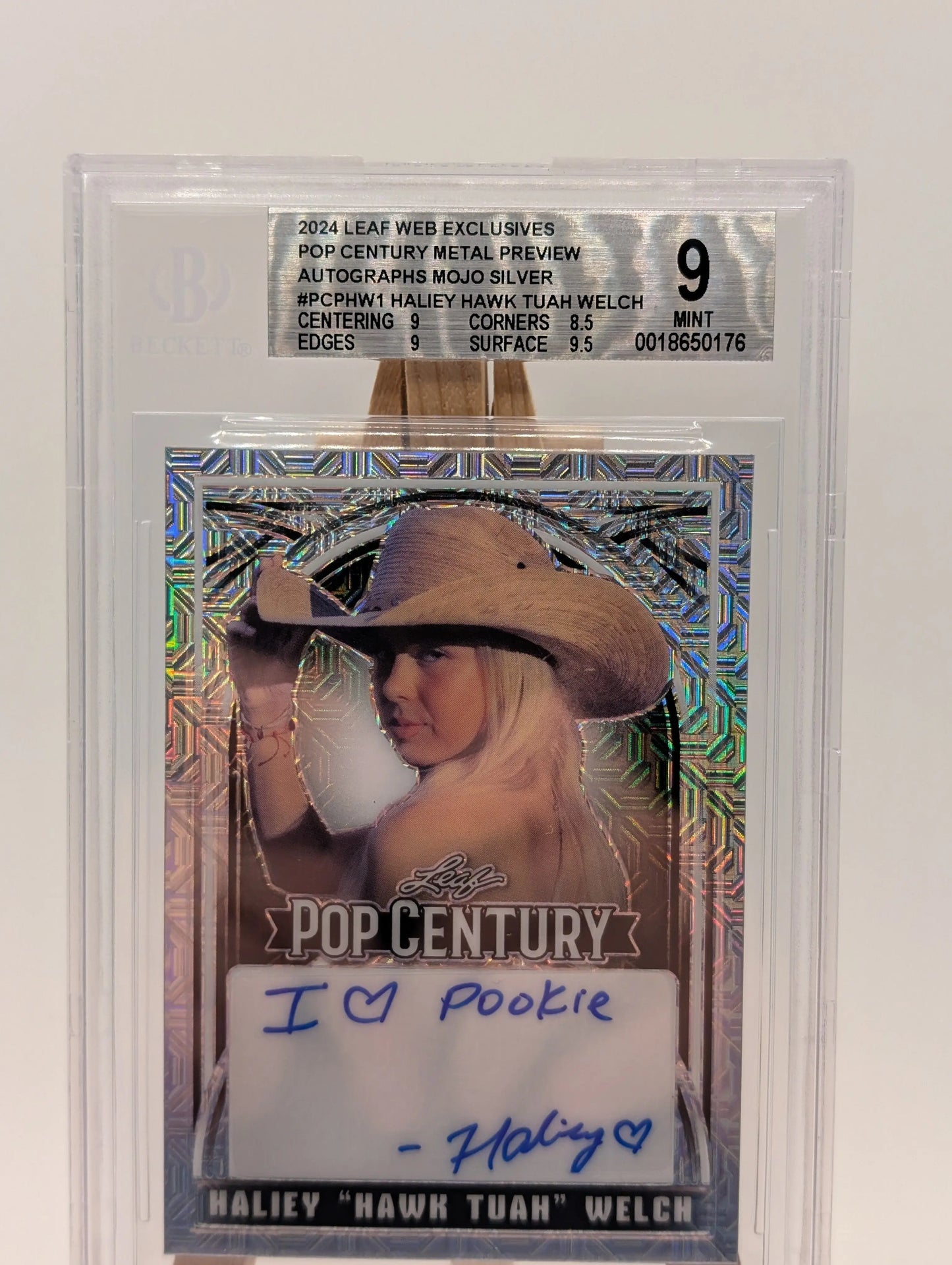 Haliey "Hawk Tuah" Welch 2024 Leaf #HW1 Kaleido Silver /30 Auto BGS 9 FRENLY BRICKS - Open 7 Days