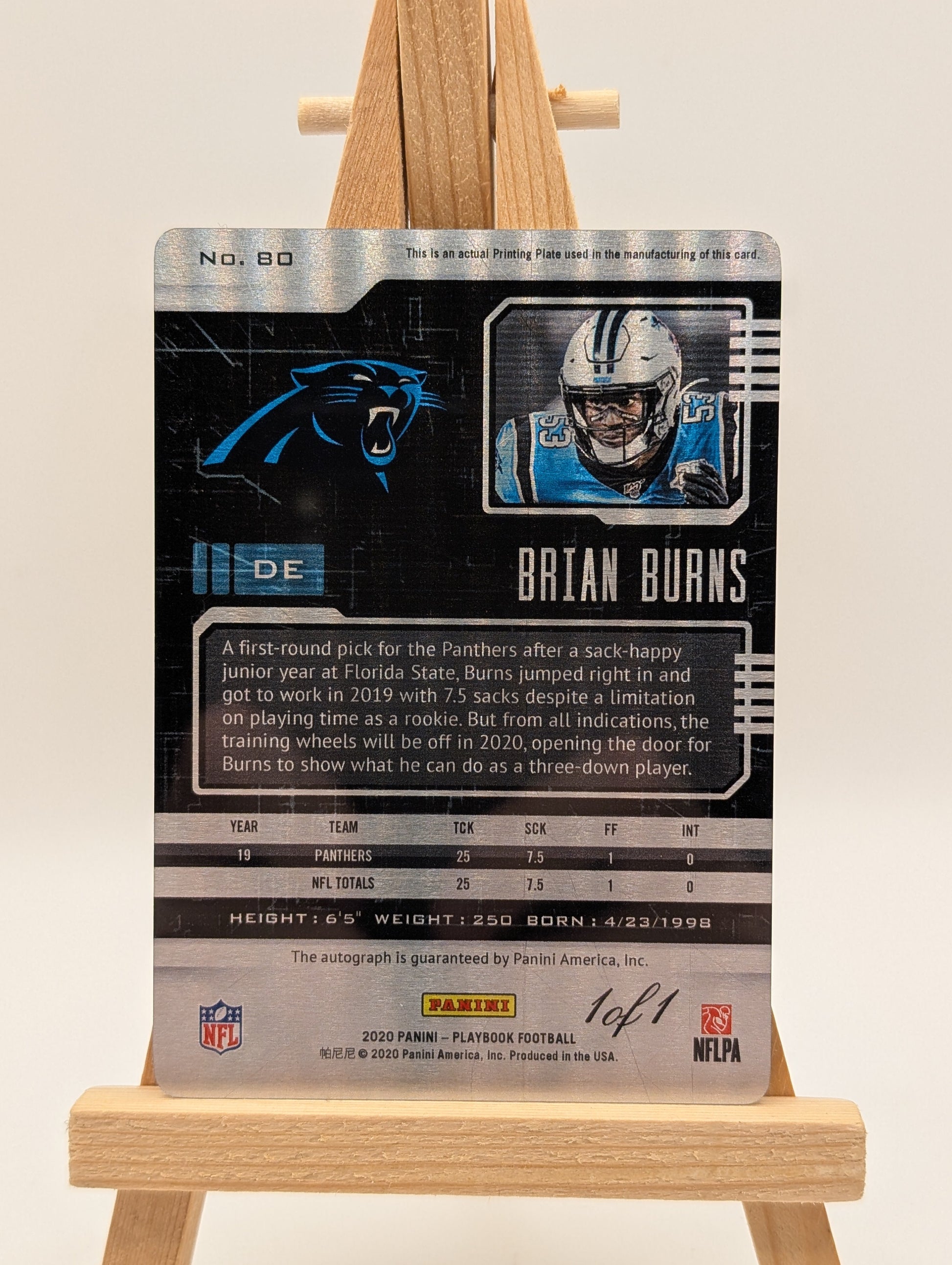 2020 Football Panini Playbook Brian Burns 1/1 Panthers #80 One of One Auto FRENLY BRICKS - Open 7 Days