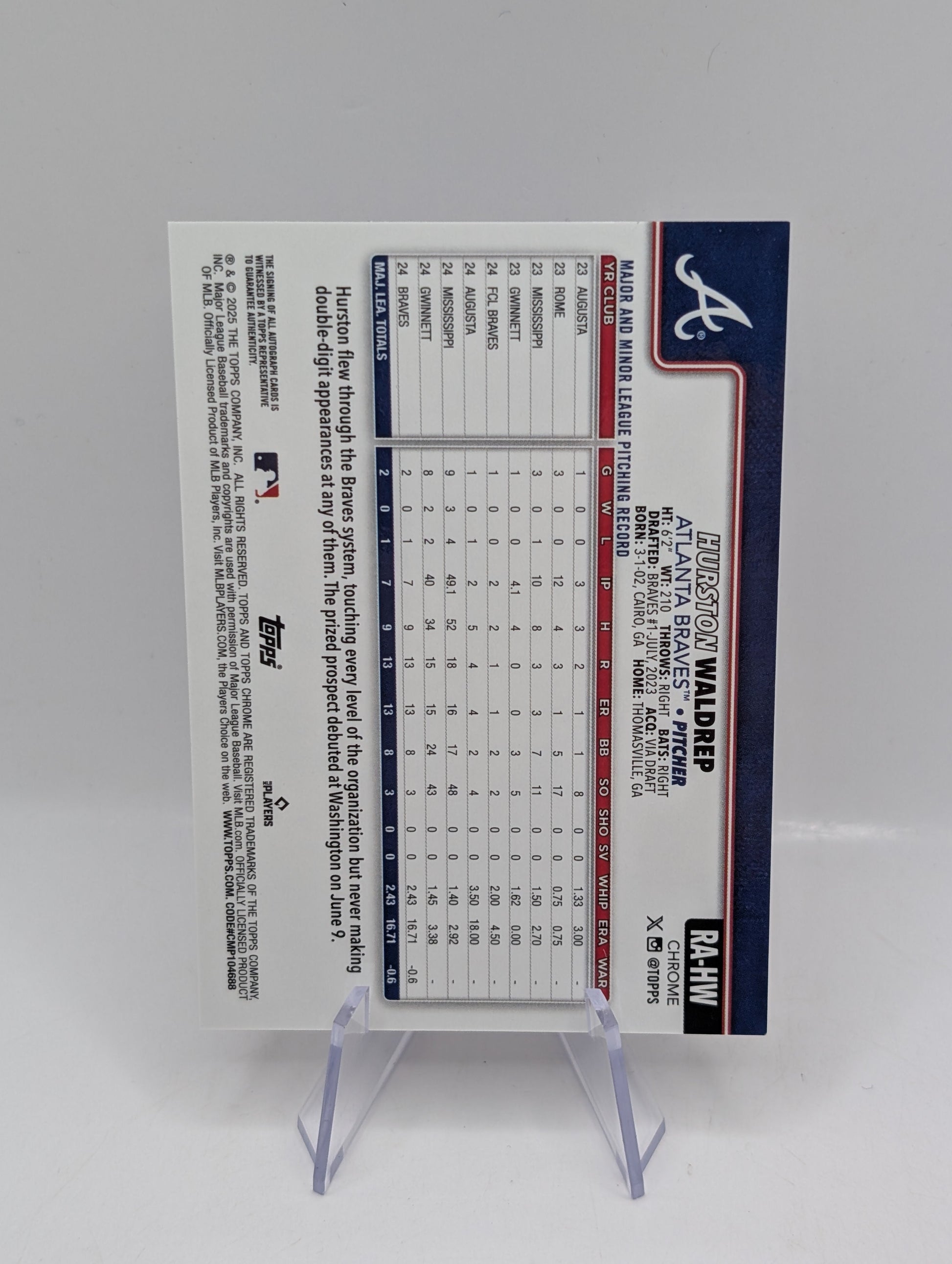 2025 Topps Chrome Baseball Hurston Waldrep Purple Speckle /299 Auto RC Braves FRENLY BRICKS - Open 7 Days