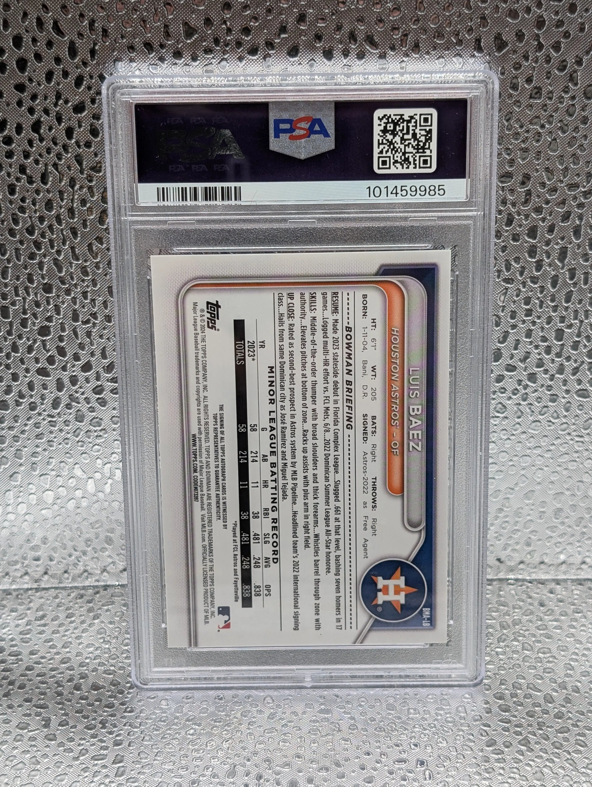 Luis Baez 2024 Bowman Chrome Mega Prospect Purple Mojo Auto /199 #BMA-LB PSA 10 FRENLY BRICKS - Open 7 Days