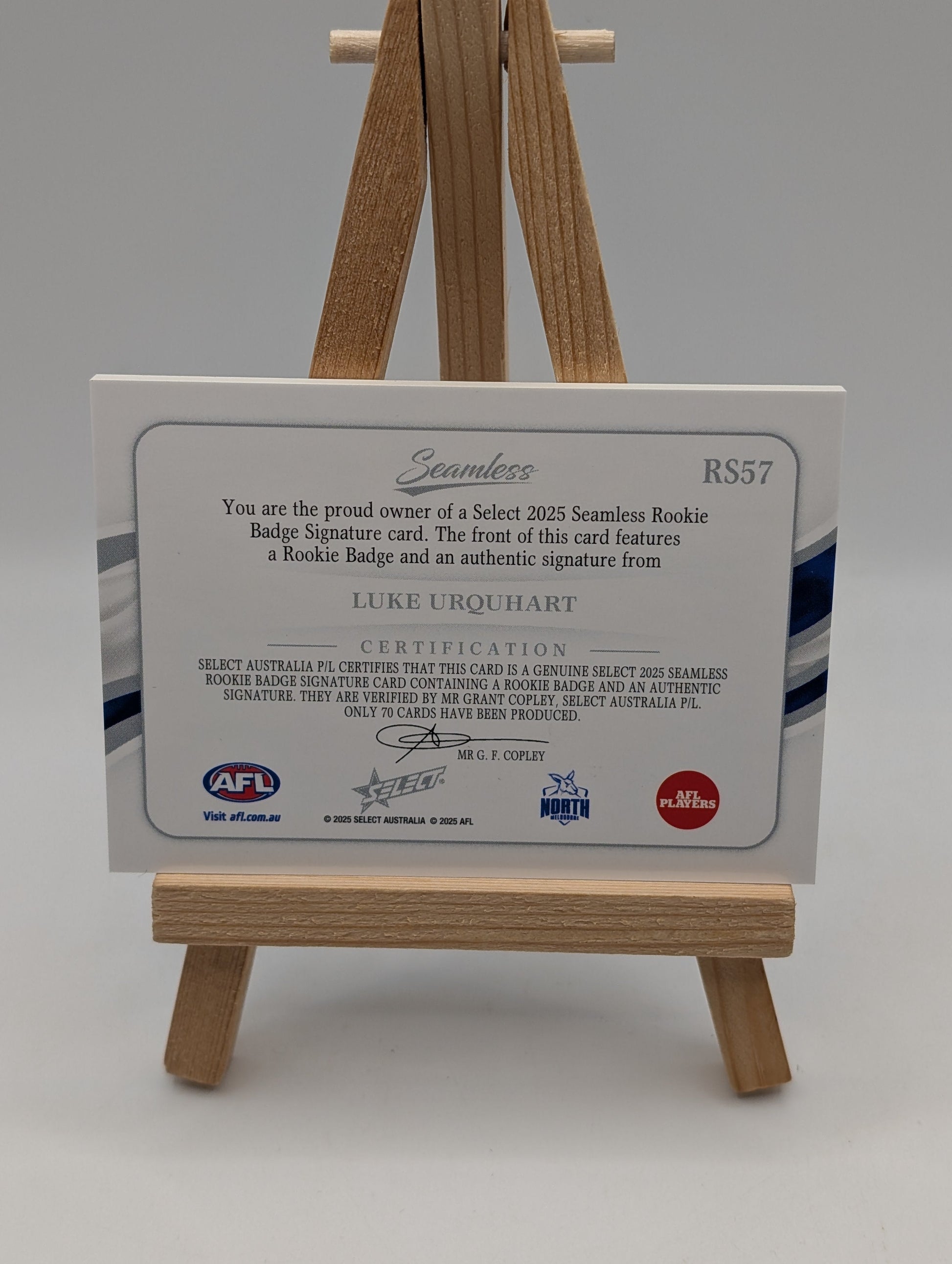 2025 AFL Select Seemless Rookie Badge Auto Luke Urquhart North Melbourne RC /70 FRENLY BRICKS - Open 7 Days
