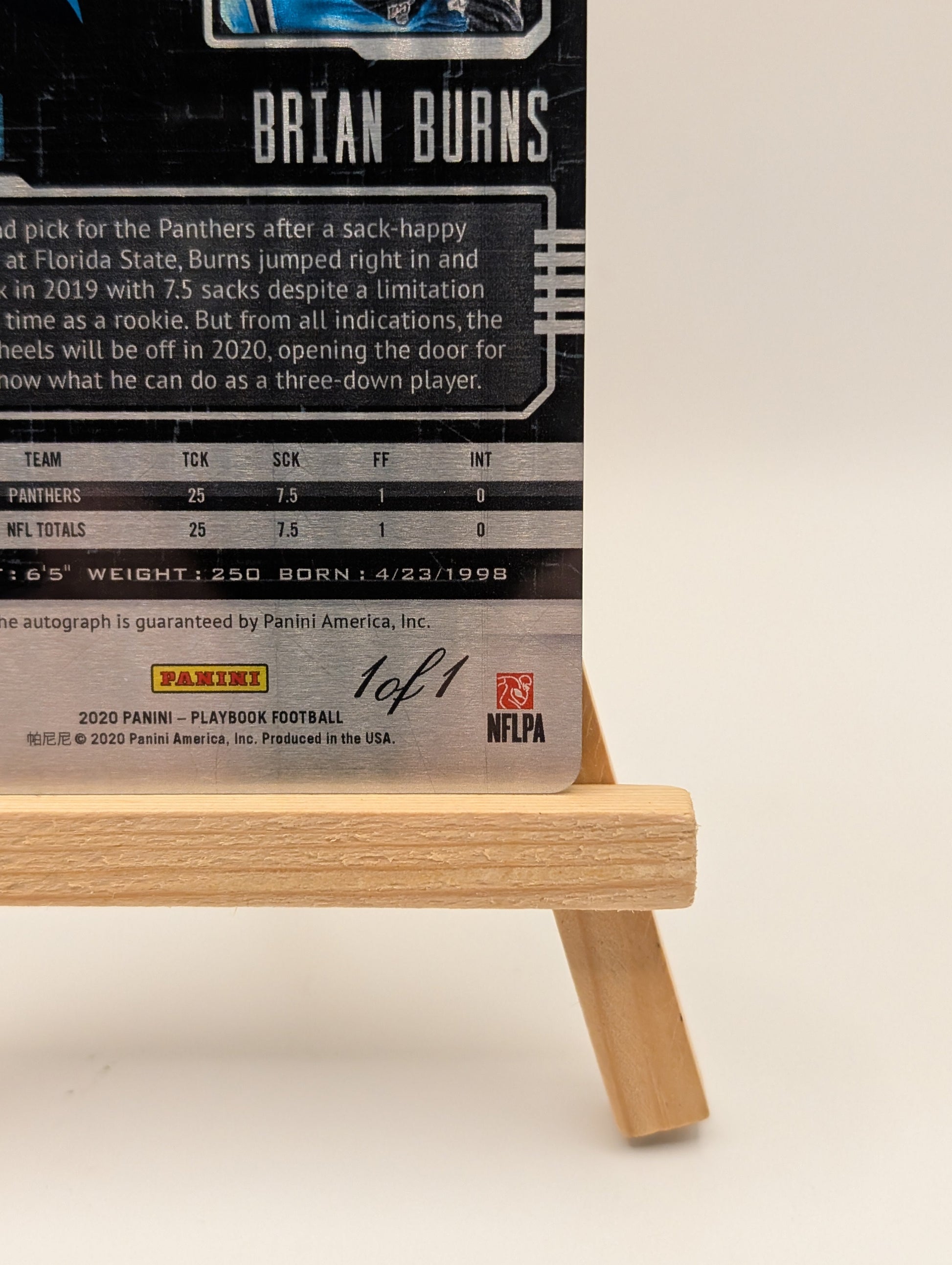 2020 Football Panini Playbook Brian Burns 1/1 Panthers #80 One of One Auto FRENLY BRICKS - Open 7 Days