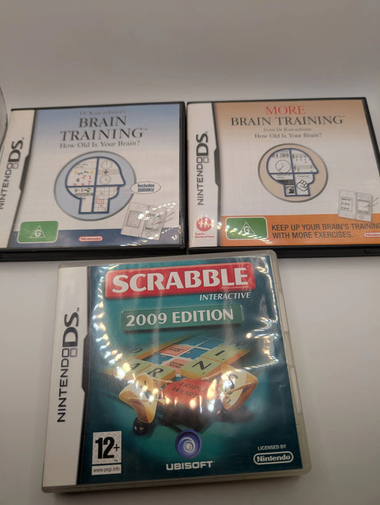 NINTENDO DS Brain Training Game Lot x 3 Games - Includes Manuals, Tested, Pal Scrabble FRENLY BRICKS - Open 7 Days