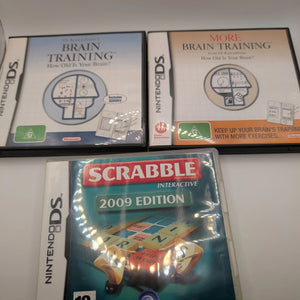 NINTENDO DS Brain Training Game Lot x 3 Games - Includes Manuals, Tested, Pal Scrabble FRENLY BRICKS - Open 7 Days