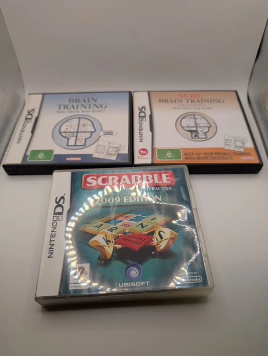 NINTENDO DS Brain Training Game Lot x 3 Games - Includes Manuals, Tested, Pal Scrabble FRENLY BRICKS - Open 7 Days