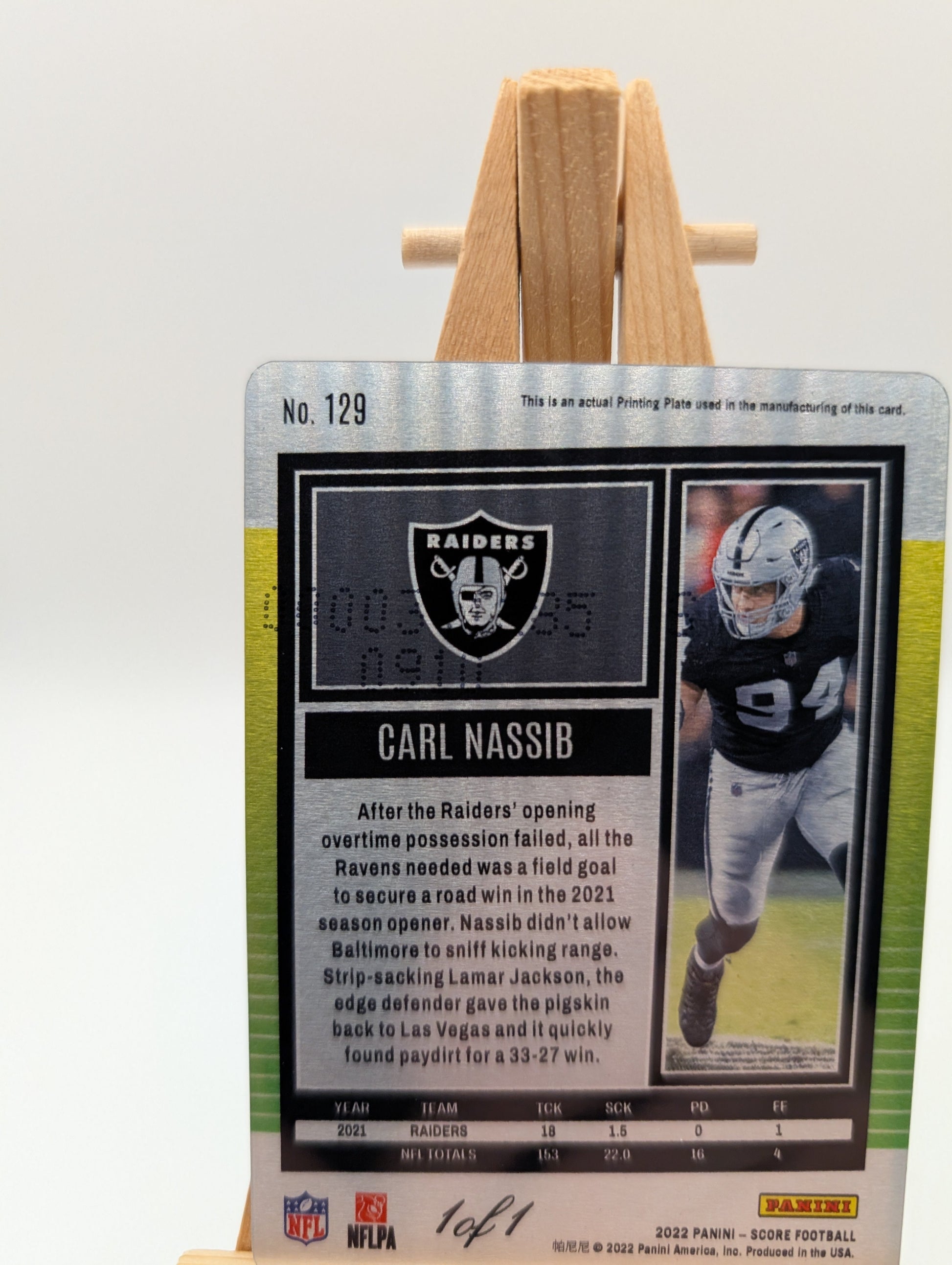 2022 Panini Score Football Carl Nassib 1/1 Raiders NFL Gridiron Card FRENLY BRICKS - Open 7 Days