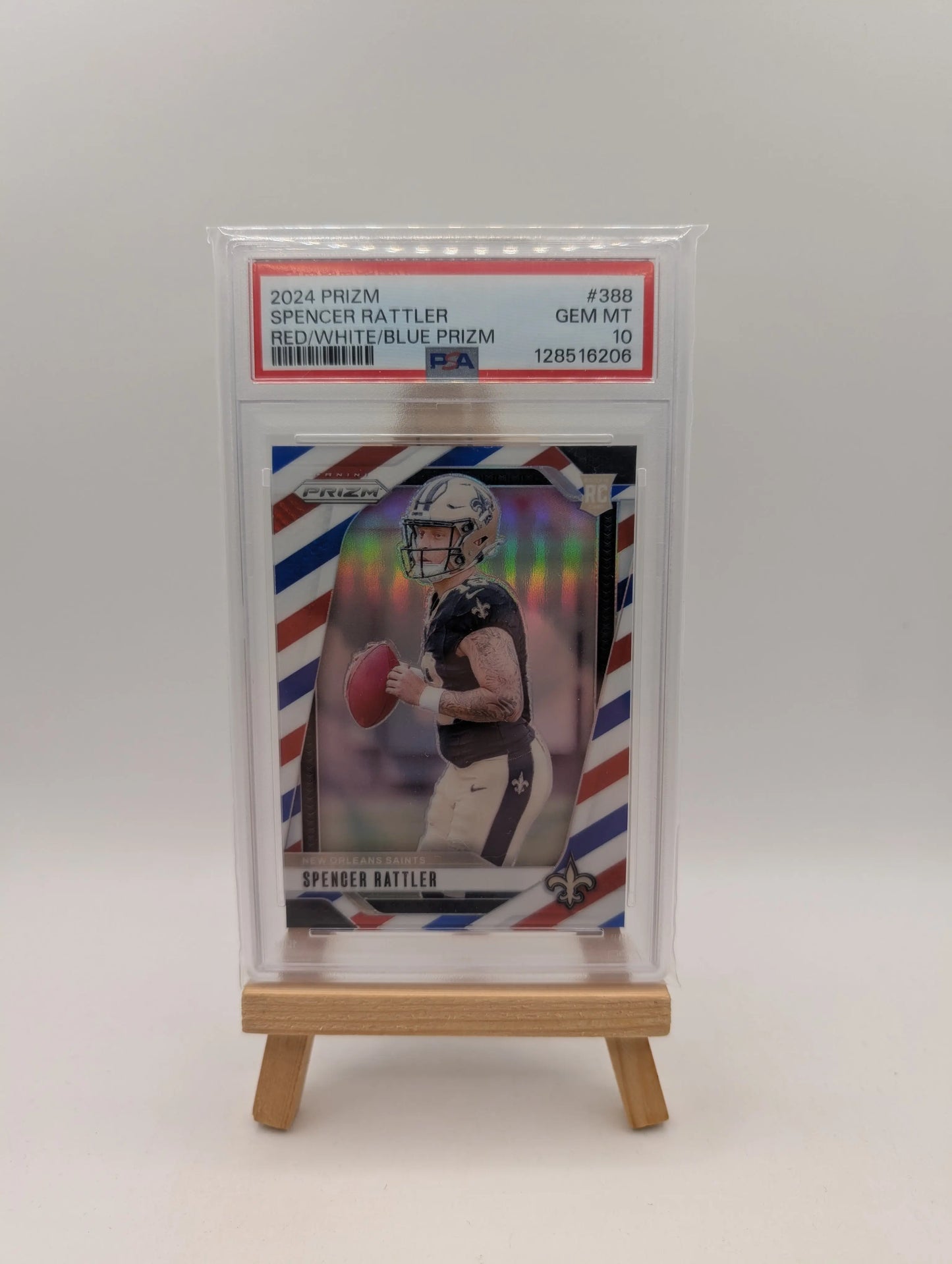 2024 PANINI PRIZM RED/WHITE/BLUE PRIZM #388 SPENCER RATTLER ROOKIE RC PSA 10 FRENLY BRICKS - Open 7 Days