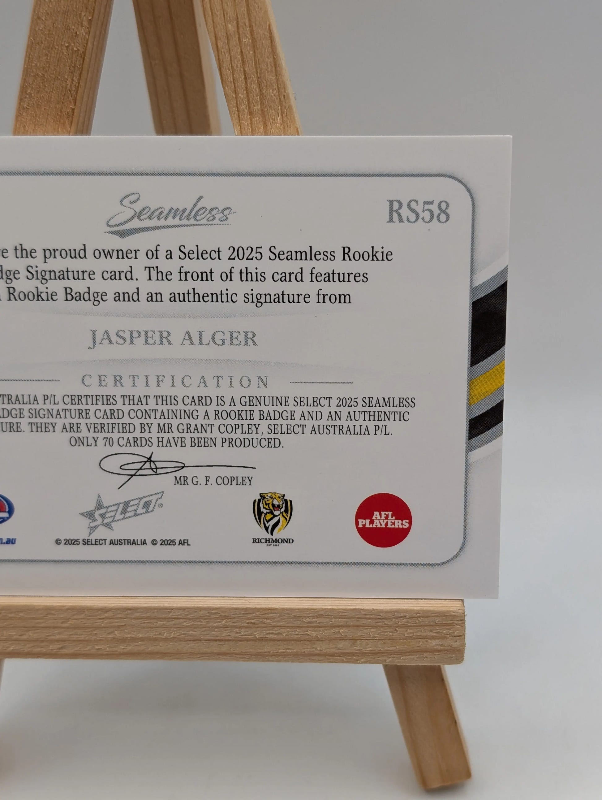 2025 Select Seamless Rookie Patch Signature JASPER ALGER /70 Richmond Tigers FRENLY BRICKS - Open 7 Days image 5