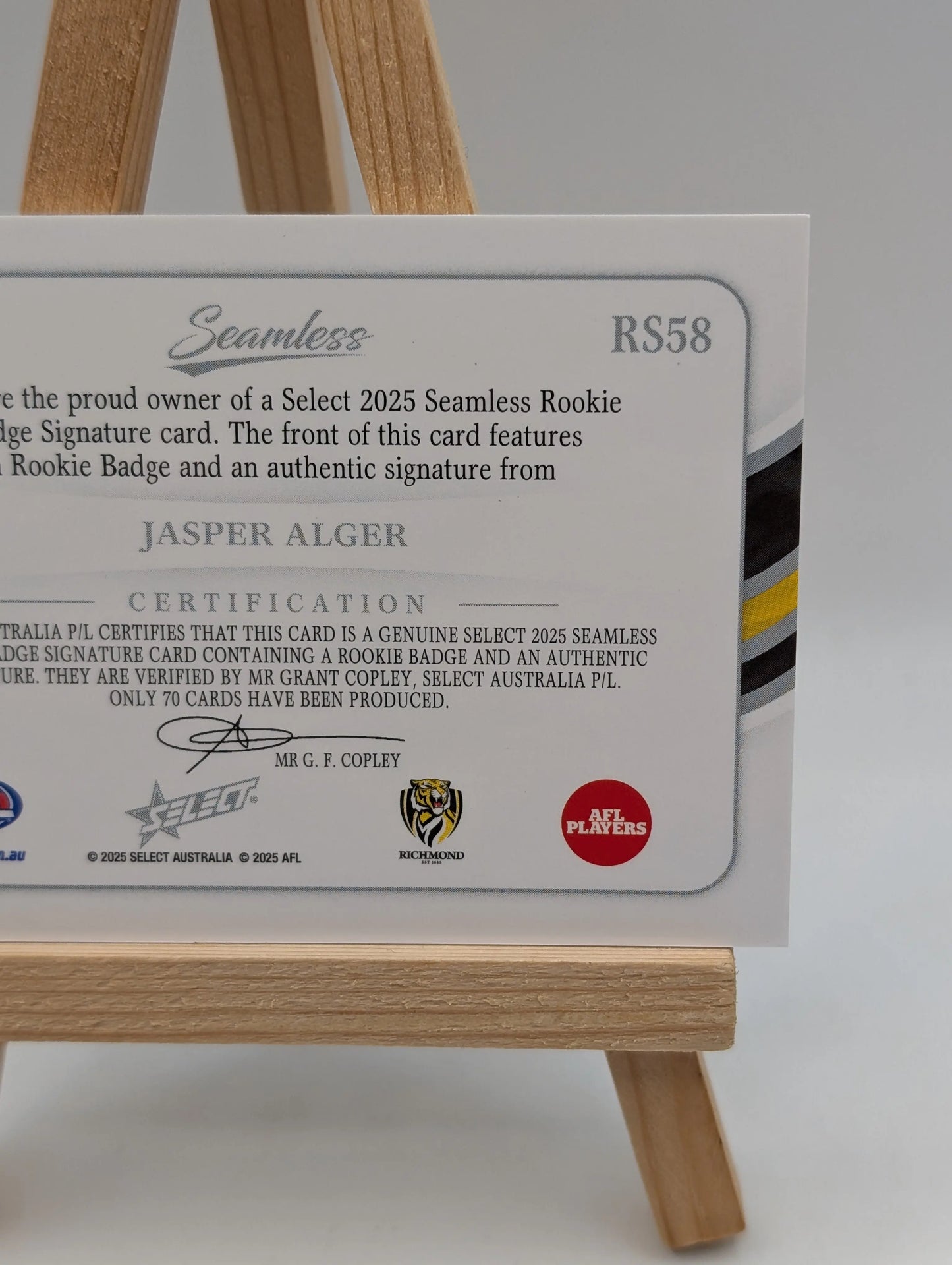 2025 Select Seamless Rookie Patch Signature JASPER ALGER /70 Richmond Tigers FRENLY BRICKS - Open 7 Days