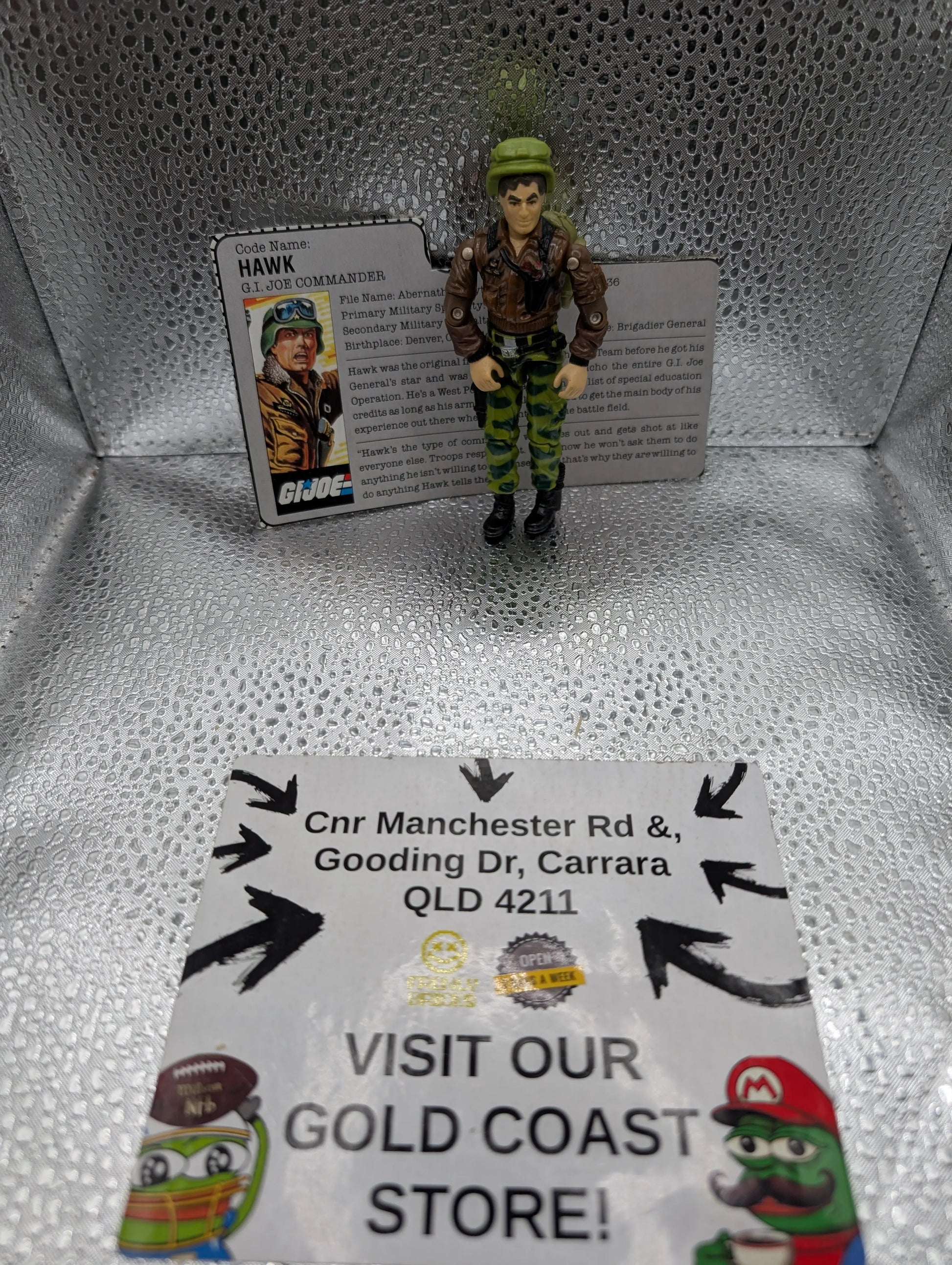 1986 G.I. Joe General Hawk with card FRENLY BRICKS - Open 7 Days