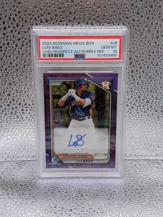 Luis Baez 2024 Bowman Chrome Mega Prospect Purple Mojo Auto /199 #BMA-LB PSA 10 FRENLY BRICKS - Open 7 Days