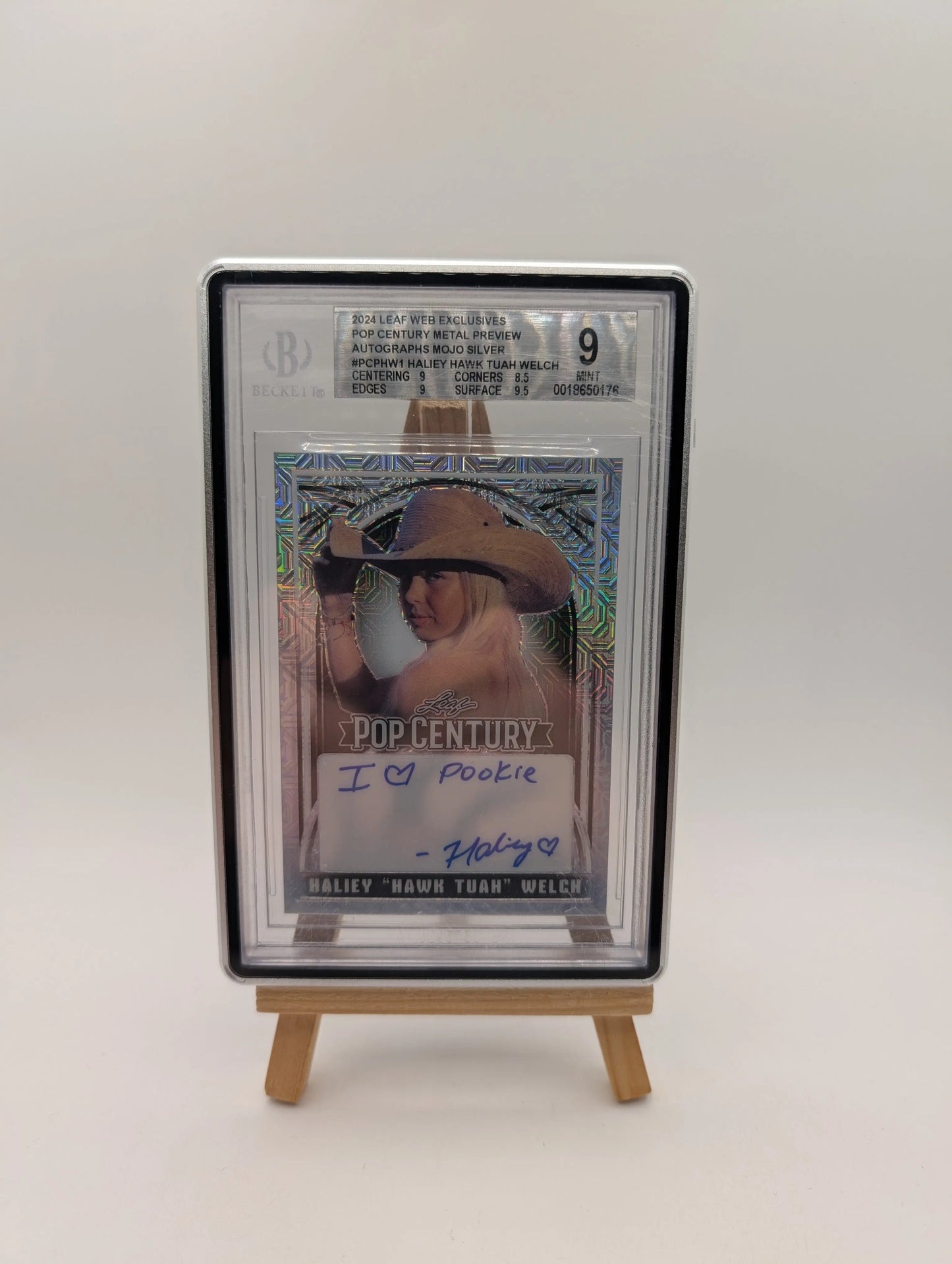 Haliey "Hawk Tuah" Welch 2024 Leaf #HW1 Kaleido Silver /30 Auto BGS 9 FRENLY BRICKS - Open 7 Days