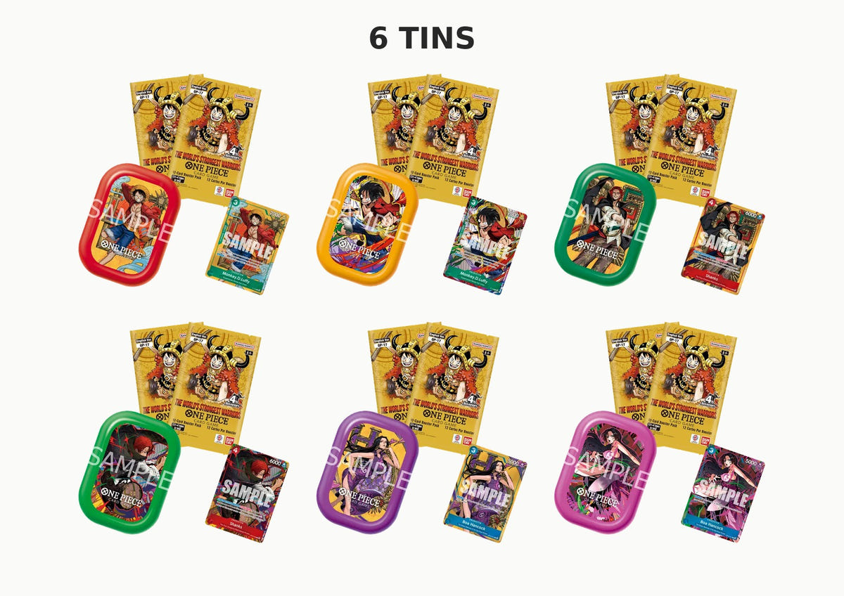 One Piece Card Game Mini Tin TS-03 complete set of 6 tins: Luffy 1 and 2, Shanks 1 and 2, Hancock 1 and 2 image 1