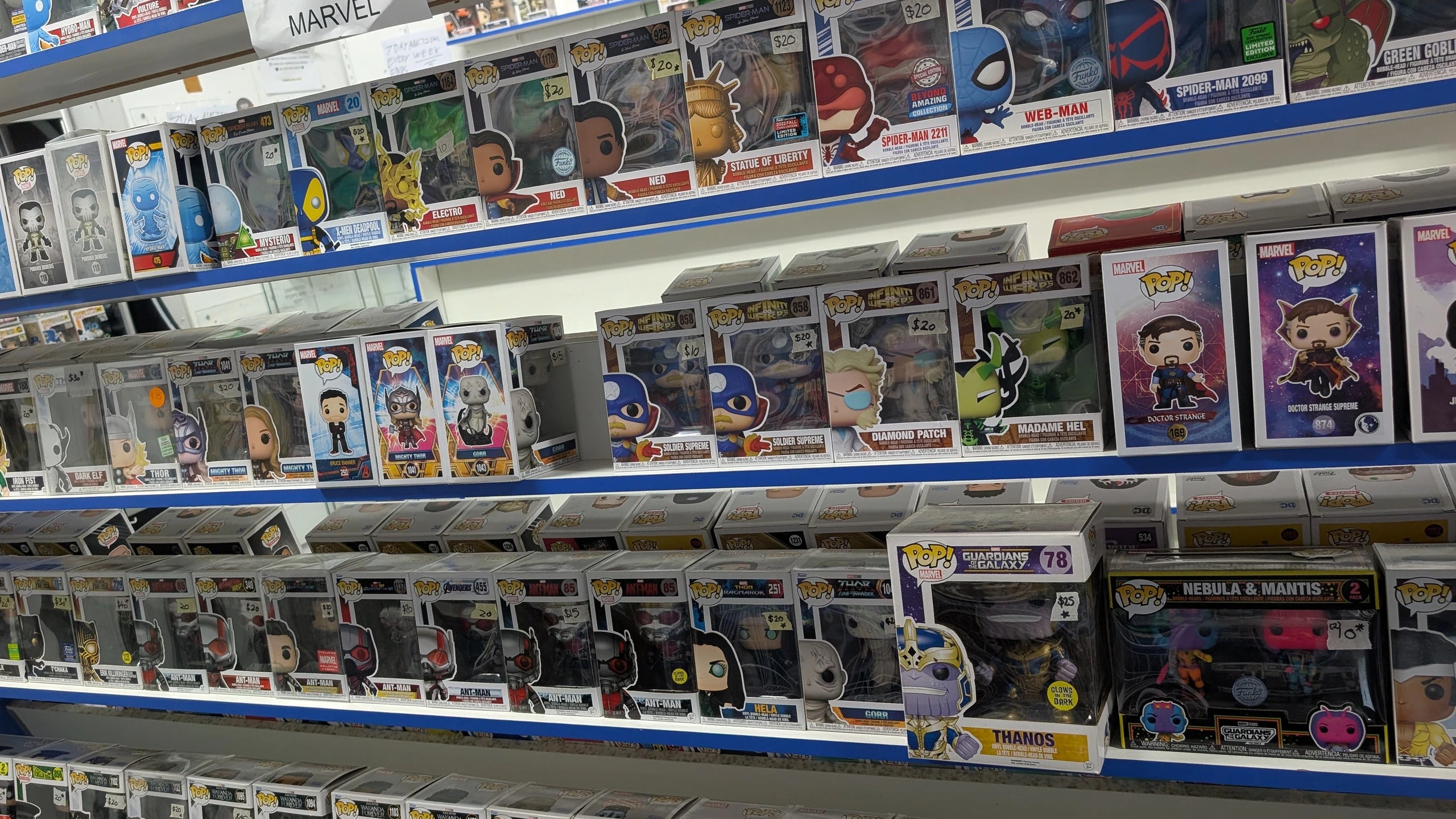 Marvel Funko Pop shelves inside the real Frenly Bricks Carrara store